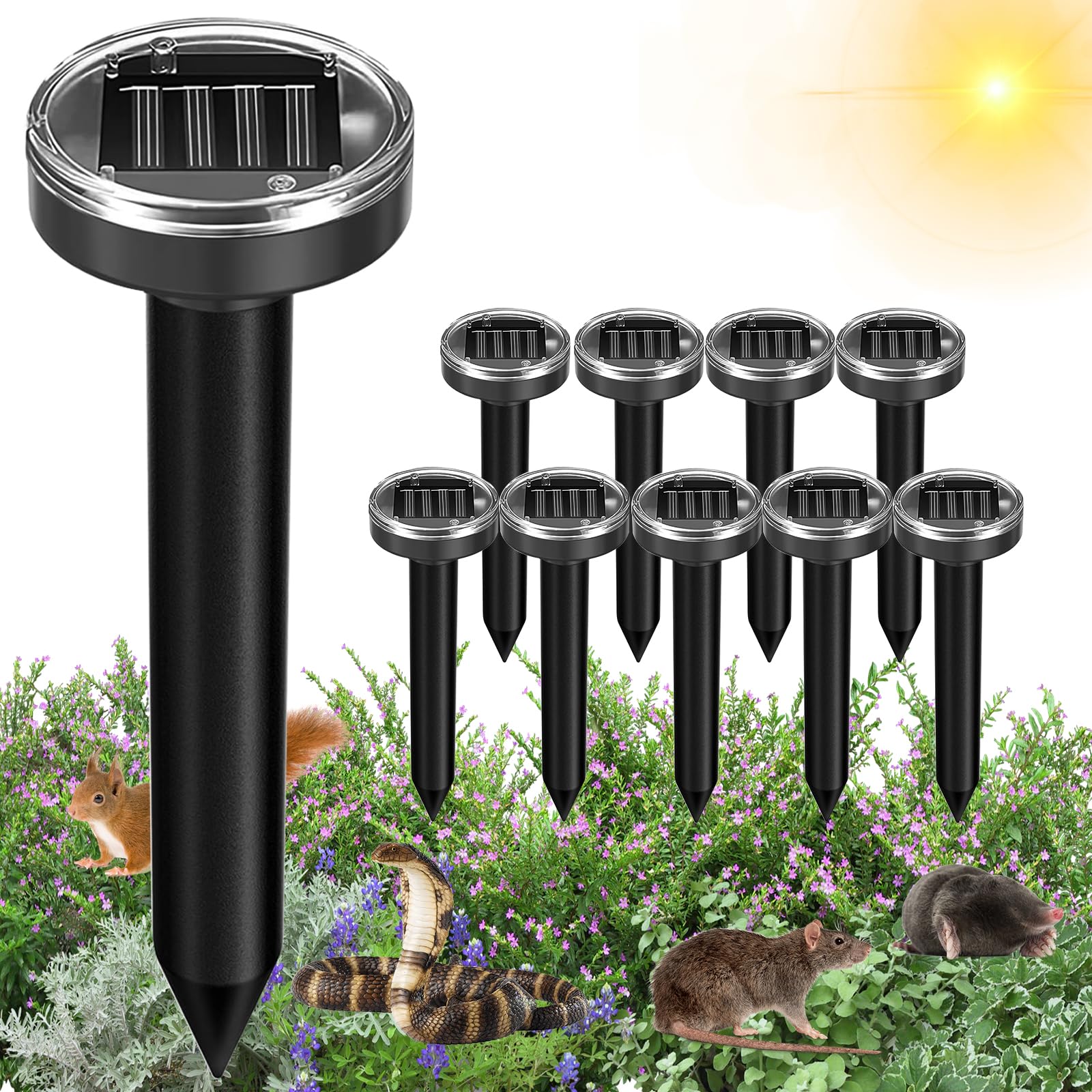 Repellente per talpe, ad energia solare, confezione da 10 pezzi, a ultrasuoni, repellente per marmotta, deterrente per talpe, serpenti, talpe, arvicole, per esterni, per prato, giardino e cortile