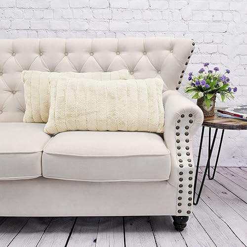 Miniatura 3 de Juego de 2 fundas de almohada decorativas de piel sintética a rayas con respaldo de sherpa de 14 x 26 pulgadas, fundas de almohada rectangulares de