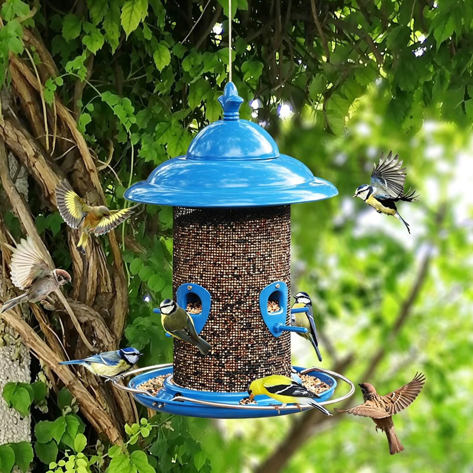 Comedero Colgante para Pájaros, Comedero Pajaros Exterior, Material Metálico, Diseño Colgante, Gran Capacidad, para Jardín, Patio, Decoración Exterior