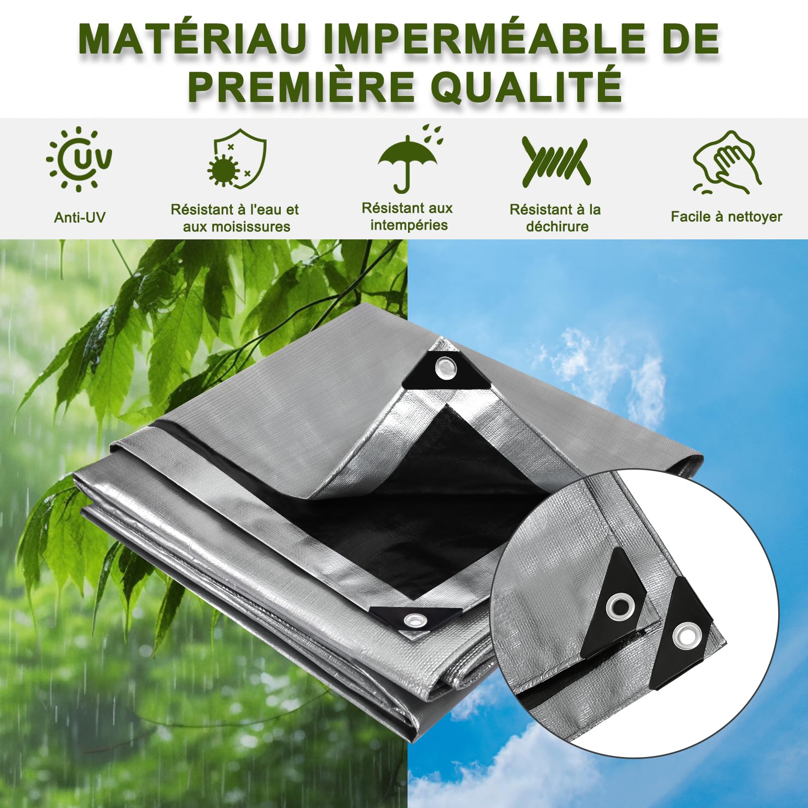 Laneetal Bâche de Protection en Polyéthylène 2x3m 280g/m²² PE Bâche Imperméable Ultra Lourde et Résistante Revêtue des Deux côtés avec Oeillets en Aluminium Couverture Étanche pour Jardin，Grau-schwarz