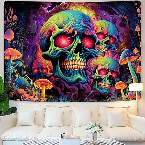 Miniatura 3 de Tapiz de calavera con luz negra, tapiz de esqueleto reactivo a los rayos UV para dormitorio, tapiz de pared de Halloween, decoración estética para