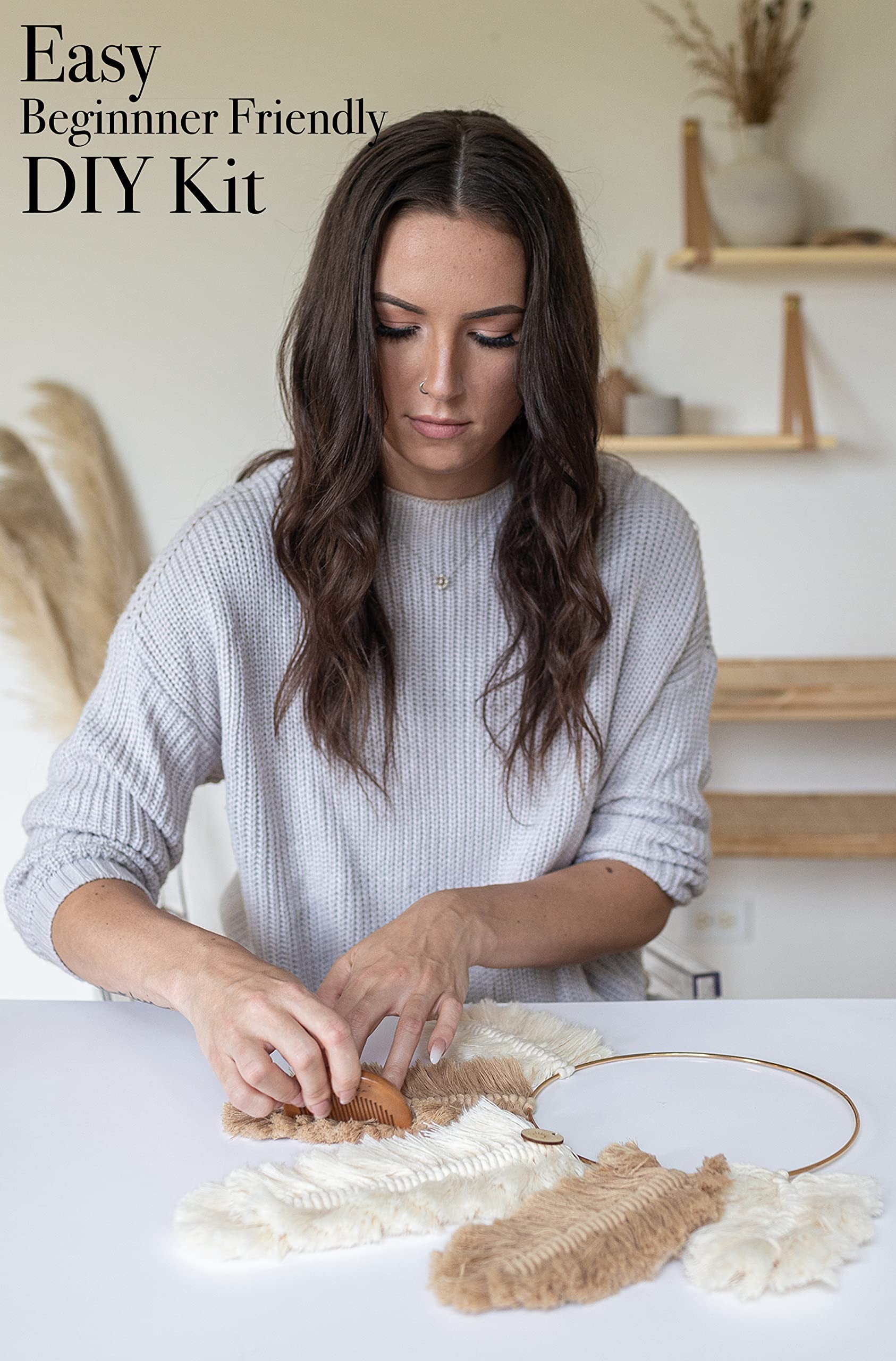 DIY Makramee Kit, Feder Traumfänger Wandbehang Kits für Jugendliche & Erwachsene Anfänger, Bastelbedarf für Boho Kunstprojekt Makramee Schnur, Gold Hoop, Zubehör & Anleitung (Khaki)