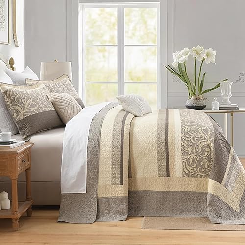 Miniatura 3 de Colchas ligeras tamaño King de 120 x 120 pulgadas, edredón de gran tamaño 100% algodón, colcha de patrón botánico a rayas, juego de ropa de cama