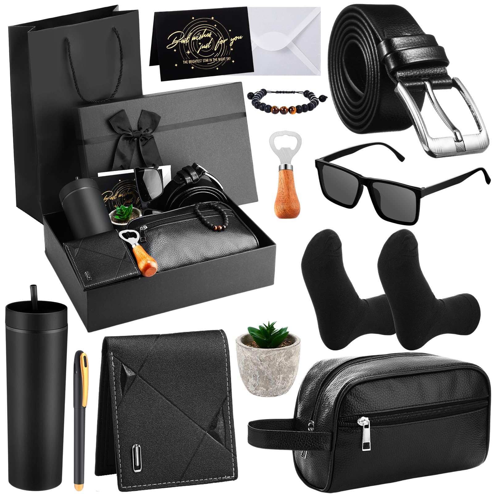 Skylety 13 Pcs Birthdays Gifts Baskets for Men Father Gift for Men Birthdays Gift Box 16 oz Tumblers Wallet Toiletry Bag Sock Bottle Opener Belt Bracelet Glasses Pen for Father's Day Dad Husband