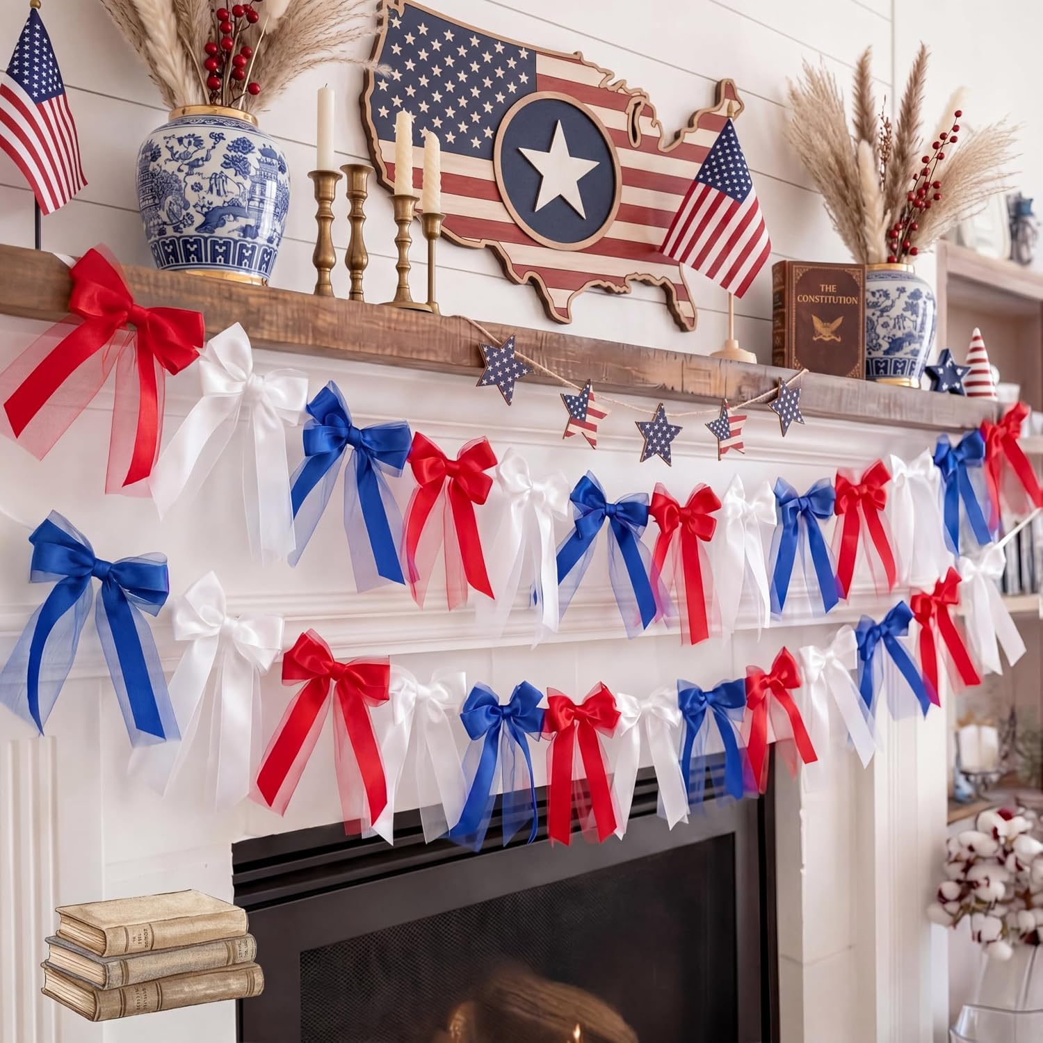 Flutesan 2 Pack 4th of July Patriotic Bow Garland Decorations 13.12 ft Red White Blue Garland Tulle Satin Bows Banner for 250th Anniversary Independence Memorial Day Mantel Fireplace Party Decor