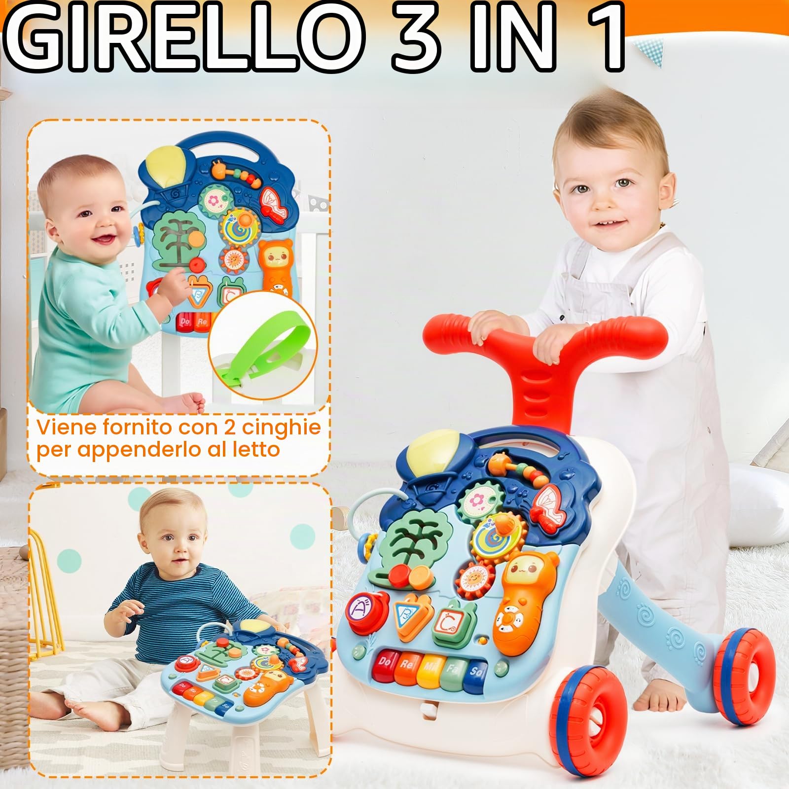 Carrellino Primi Passi Rimovibile Regolabile in Altezza,Primi Passi per Bambini Multifunzionale con Luce,Giocattolo Elettronico Educativo con Musica e Suoni,Girello per 9+ Mesi