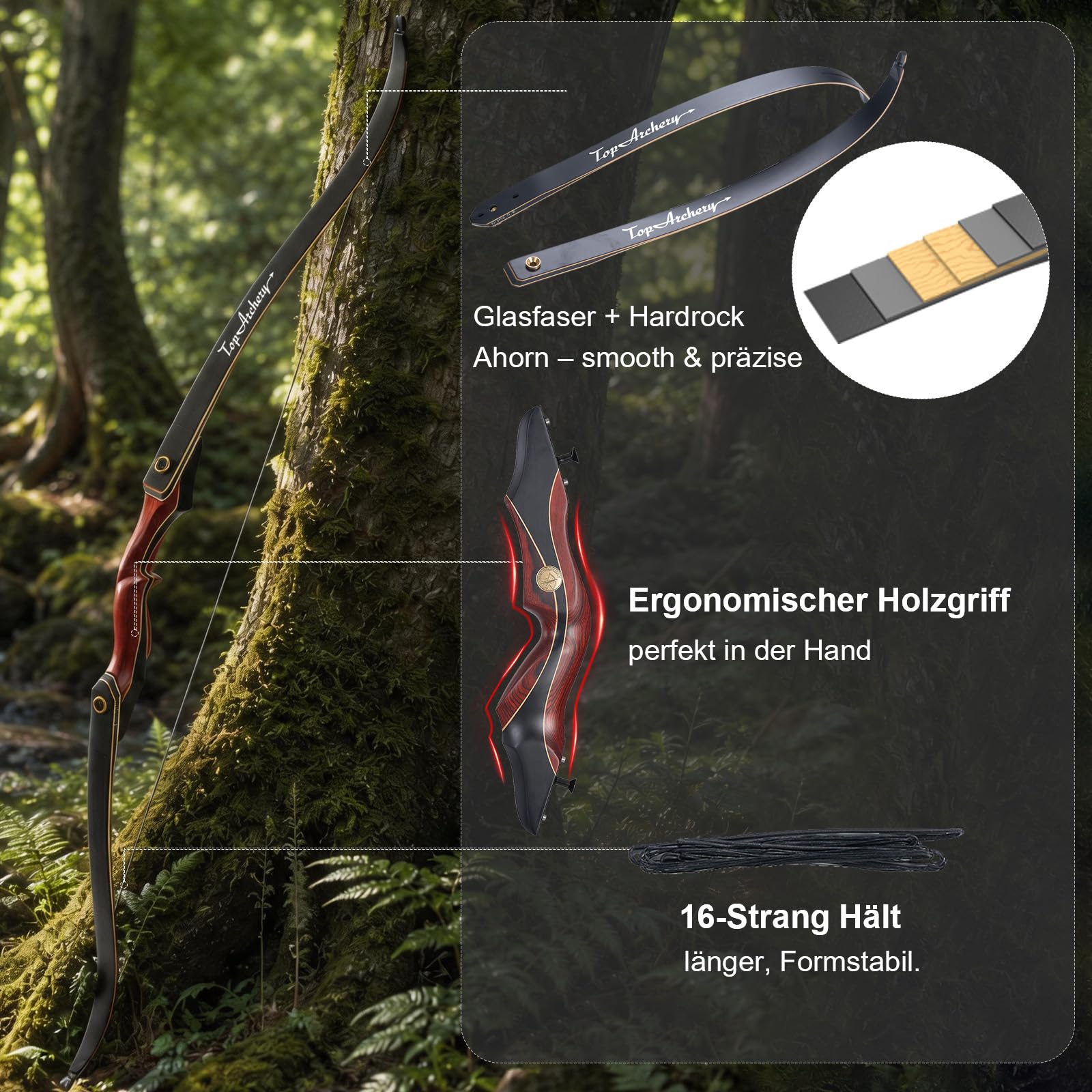 60 Zoll Takedown Recurvebogen für Erwachsene Jagdbogen Bogenschießen Erwachsene Holzbogengriff (25-50 lbs, Links-/Rechtshand) Ideal für Jagd, 3D-Parcours & Zielschießen