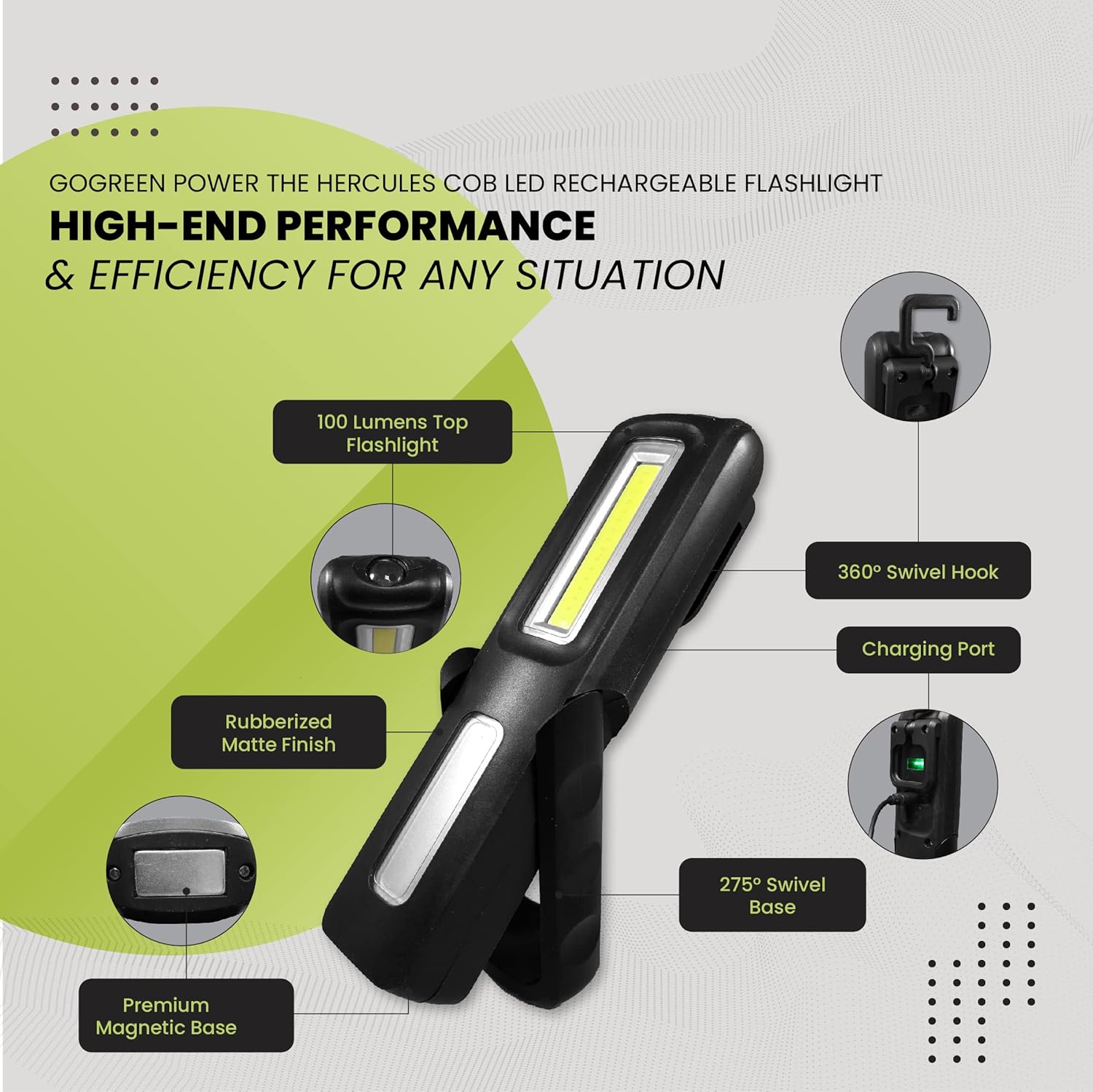 Go Green Power Inc. GoGreen Power (GG-Hercules) Hercules COB LED Worklight, Magnetic Base and Premium Swivel Hook, USB Rechargeable, 300 Lumens