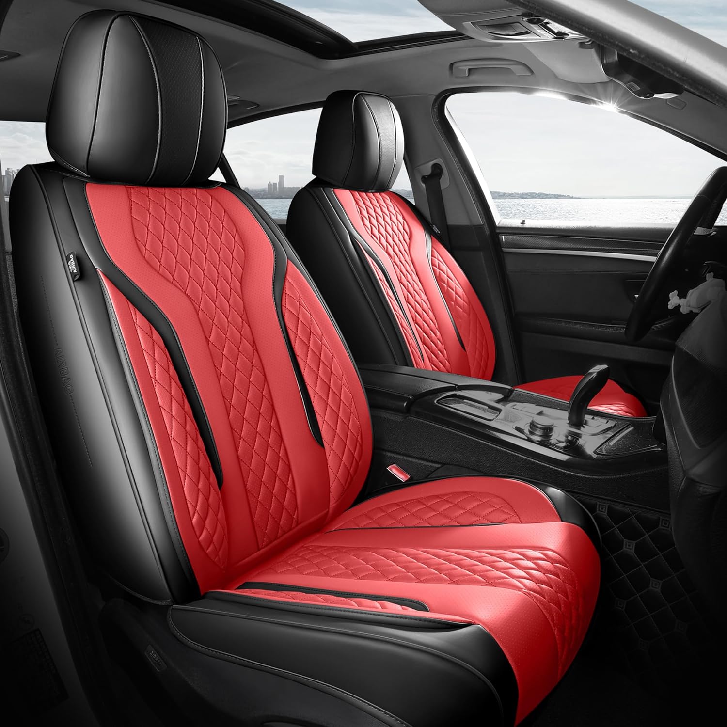 Leather Car Seat Covers - Breathable Faux Leather Seat Covers Full Set for Cars SUV Sedan - Waterproof - BlackRed