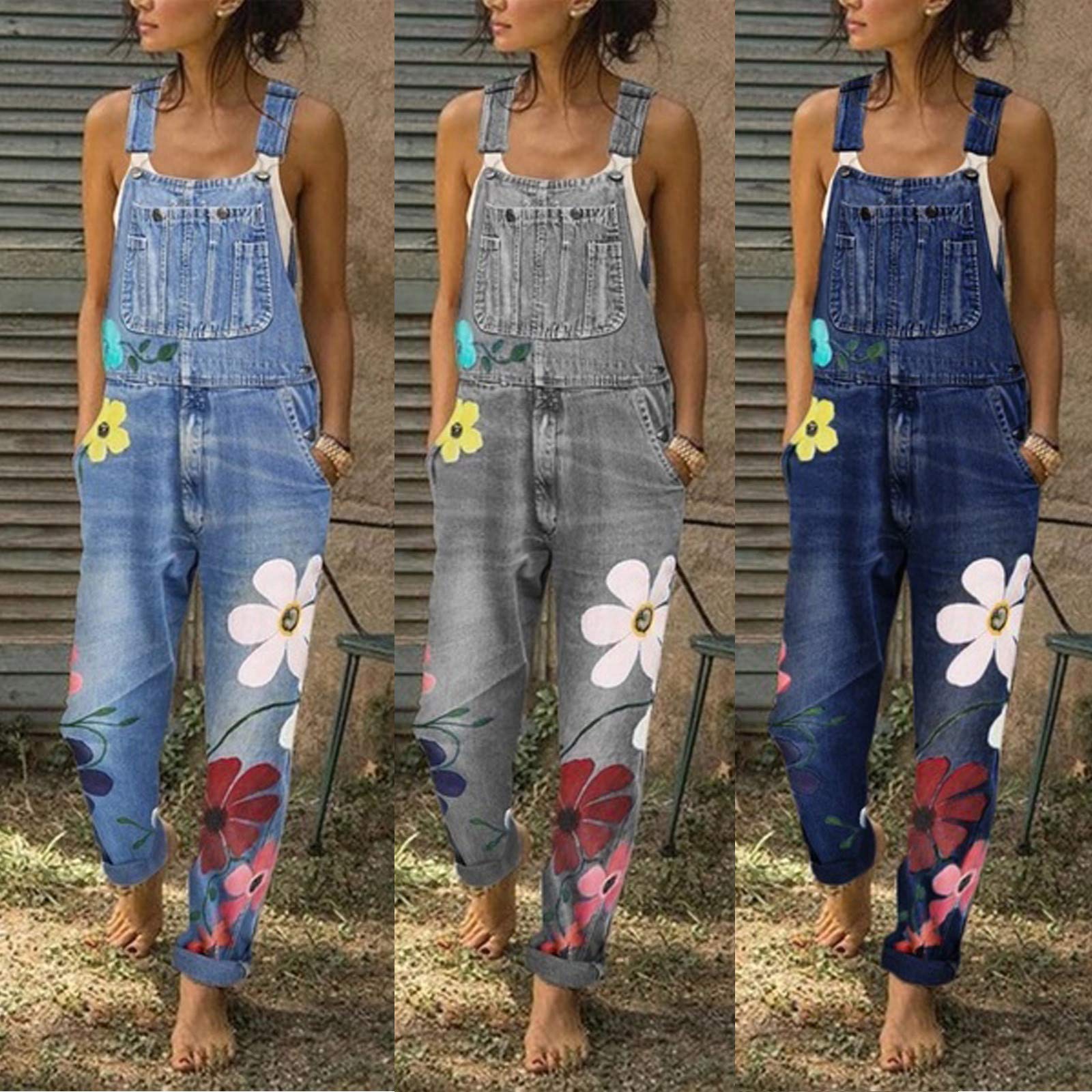 Damen Latzhosen Jeanshosen Drucken Jean Lange Hosen Spielanzug Ärmellos Jumpsuit Lose Freizeit Playsuit Strampler Denim Hosen