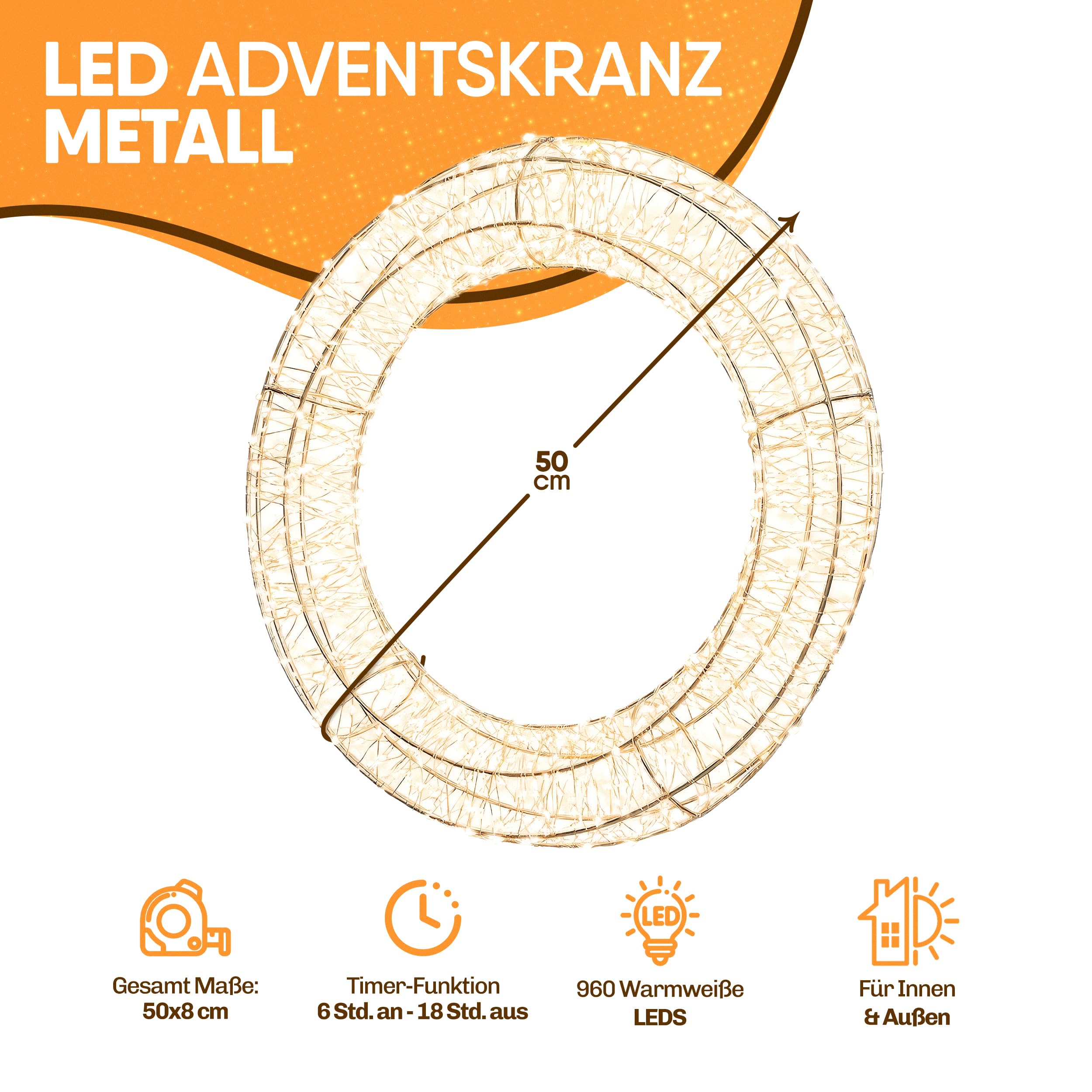LED Lichterkranz Adventskranz Metall Weiß Ø 50 cm, 960 LEDs warmweiß mit Timer, wettergeschützt – moderner Weihnachtskranz & Weihnachtsdeko zum Aufhängen an Tür, Fenster, Wand