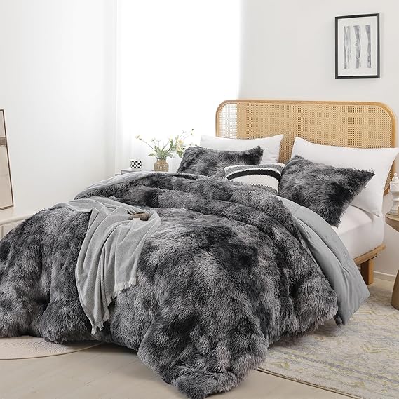 Smoofy Fluffy Twin Comforter Set, Faux Fur Comforter Set White, Luxury Fuzzy Twin Bedding Set Pink, Soft Shaggy Bed Set for All Season, 2 Pieces - 1 Comforter & 1 Pillowcase, Tie-Dye Grey