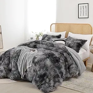 Smoofy Fluffy Twin Comforter Set, Faux Fur Comforter Set White, Luxury Fuzzy Twin Bedding Set Pink, Soft Shaggy Bed Set for All Season, 2 Pieces - 1 Comforter & 1 Pillowcase, Tie-Dye Grey