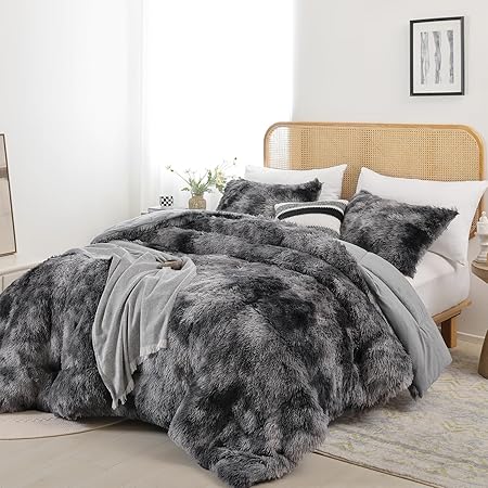 Smoofy Fluffy Twin Comforter Set, Faux Fur Comforter Set White, Luxury Fuzzy Twin Bedding Set Pink, Soft Shaggy Bed Set for All Season, 2 Pieces - 1 Comforter & 1 Pillowcase, Tie-Dye Grey