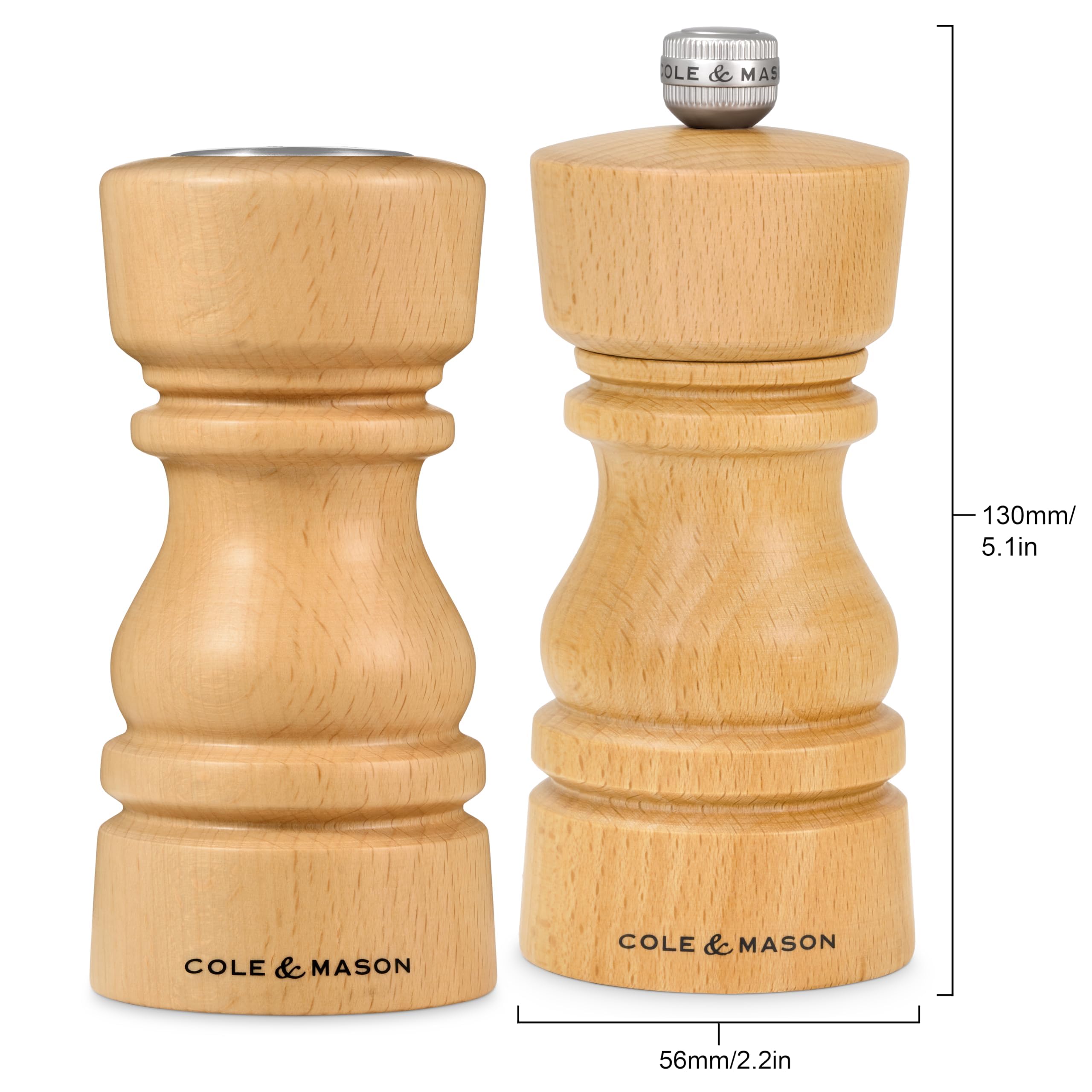 Cole & Mason Juego de Regalo London con Salero y Molinillo de Pimienta, 130 mm / 5", Madera de Haya Natural, Mecanismo de Molienda de Cerámica Afilada