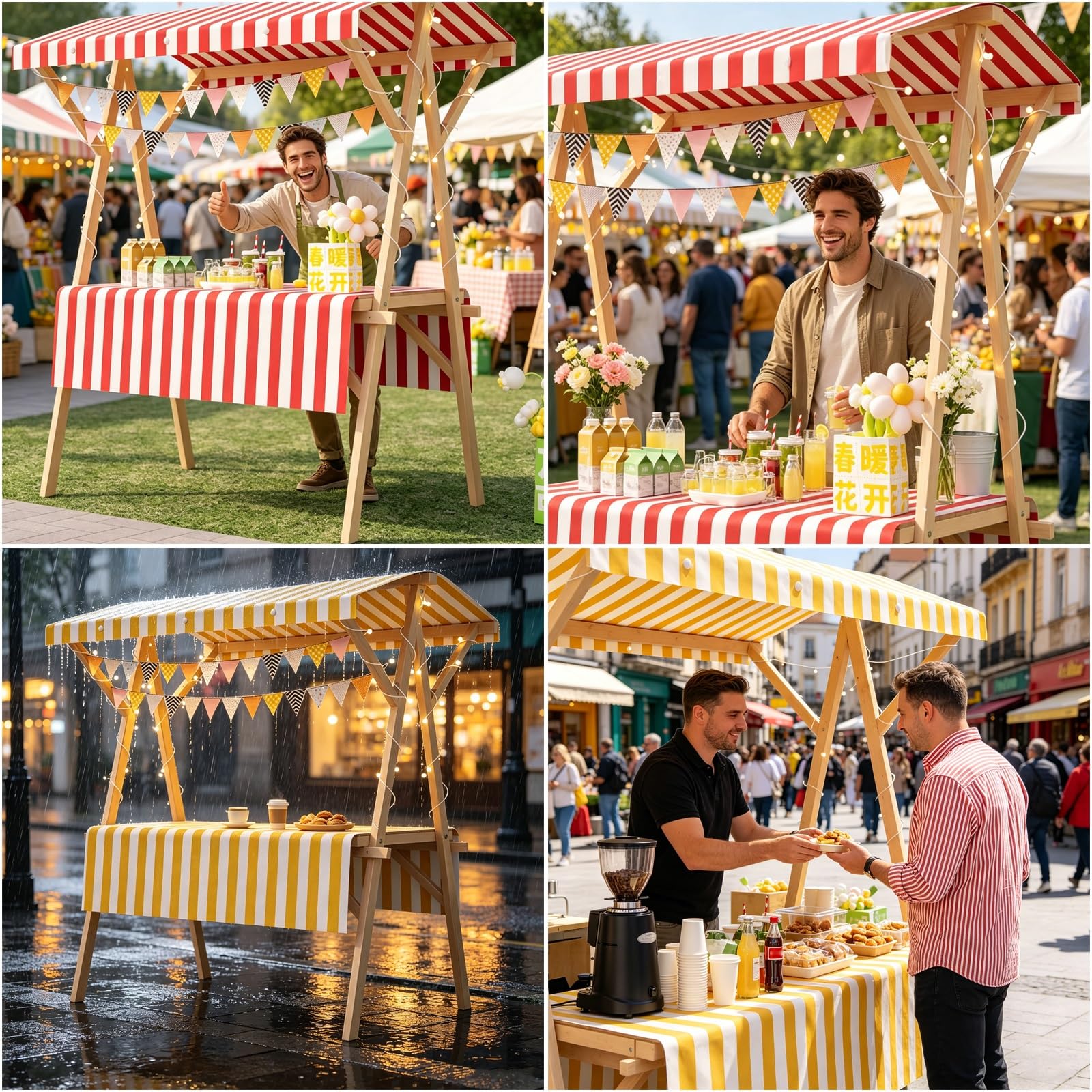 Składane, Drewniane Stoisko Targowe z Zadaszeniem, na Targi Rzemieślnicze, Ekspozycji Wypieków, Festiwali, Plaż, Jedzenia Ulicznego, Udźwig 100 Kg(Yellow,120x60x190cm/47x24x75in)