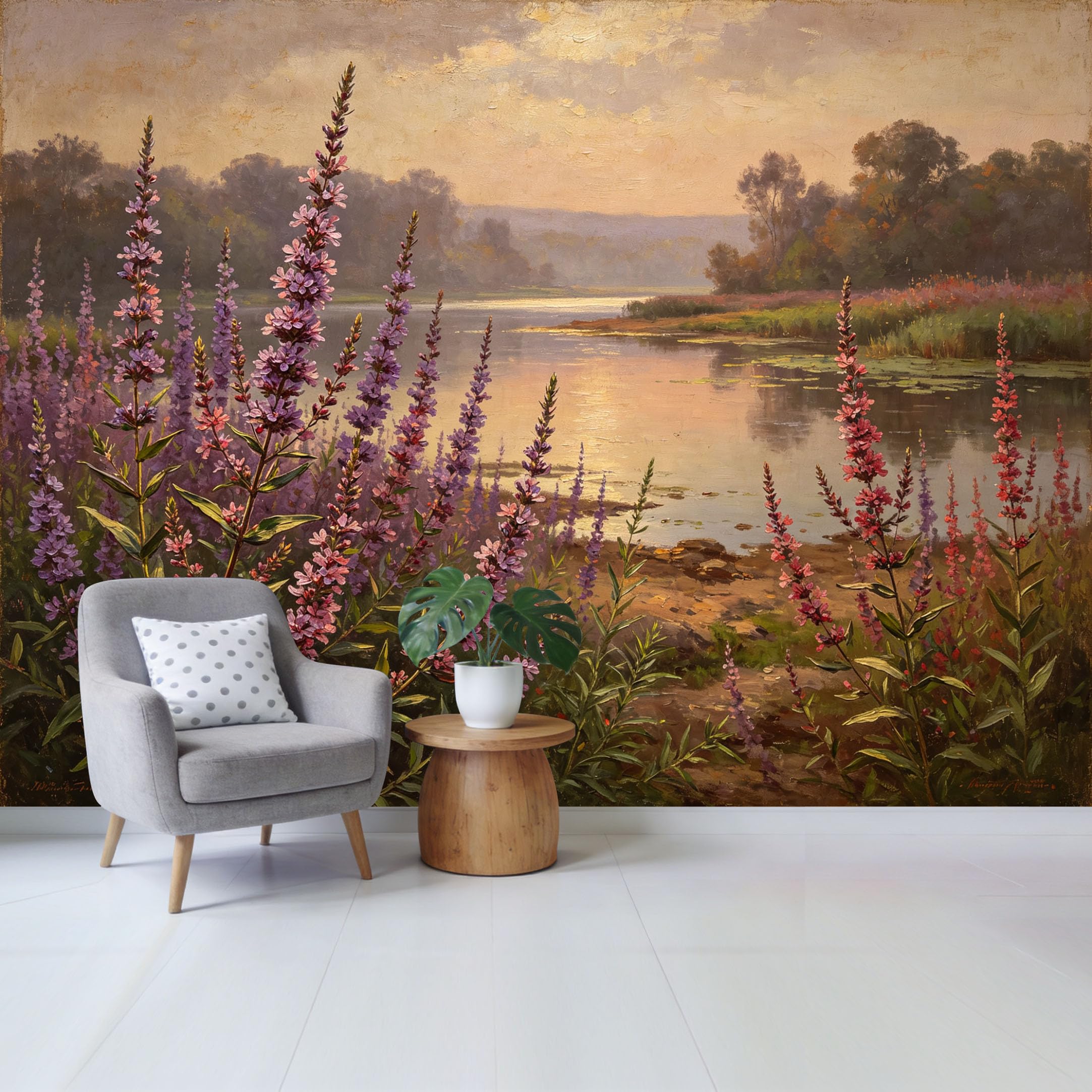 Qzlithotic Yq2605251067 Custom Size Wall Mural Purple Wildflower Lake Sunset Landscape Oil Painting Style Selfadhesive Wall Fabric Removable Wallpaper For Home Office Decor