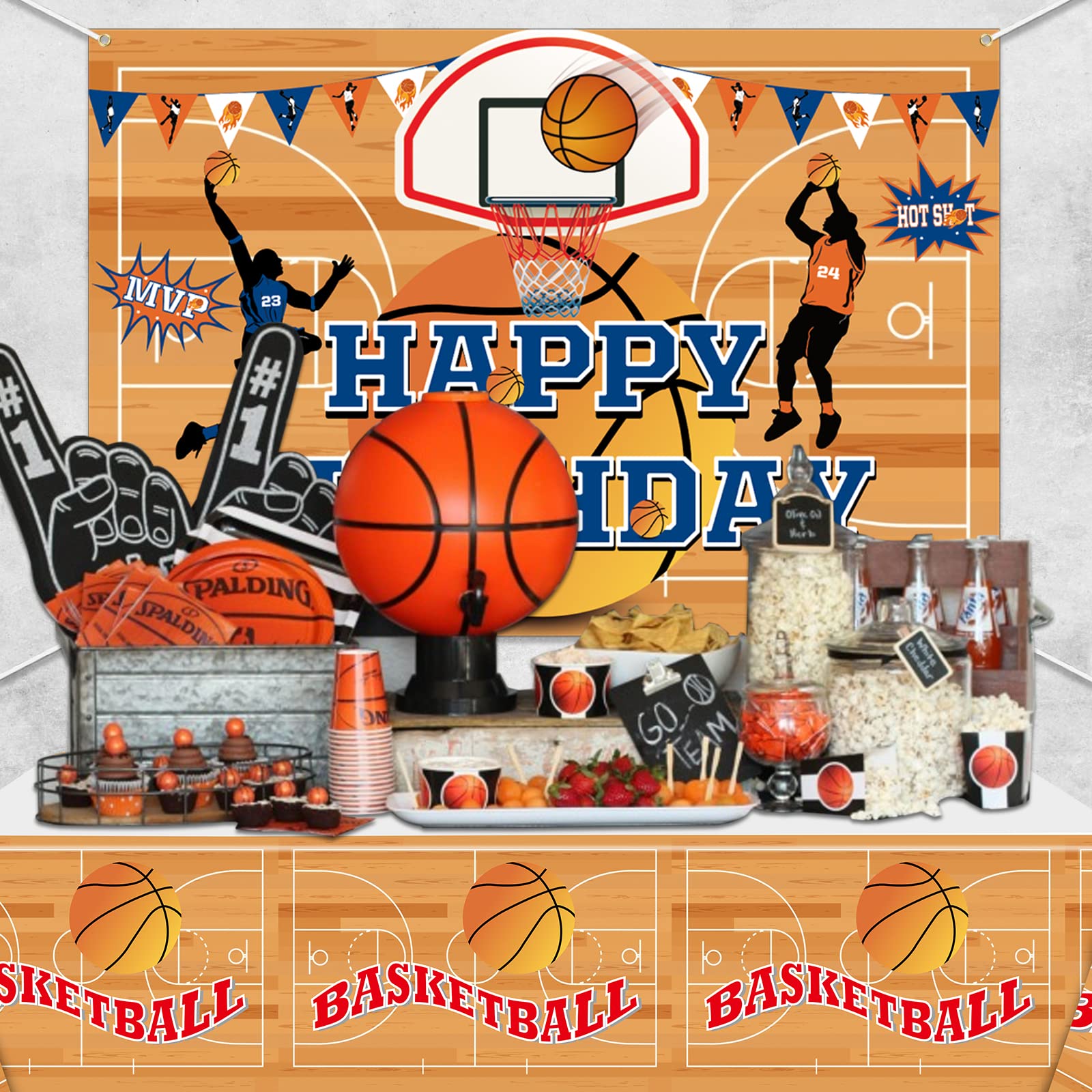 Sfondo di Pallacanestro e Copritavolo, Tema di Pallacanestro Buon Compleanno Sfondo e Modello di Pallacanestro Tovaglia per Ragazzi, Bambini, Appassionati di Pallacanestro
