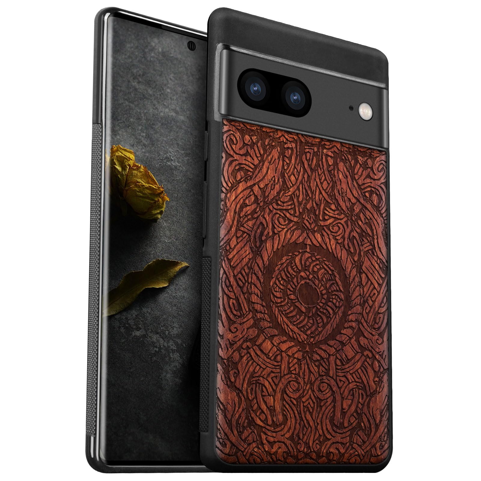 Carveit Custodia per Google Pixel 7 Pro Cover [Retro in Legno e Telaio in TPU] Slim Fit Anti-Shock in Silicone Protezione Compatibile con Pixel 7 Pro Case (Legno nero-Il fiore di mandala