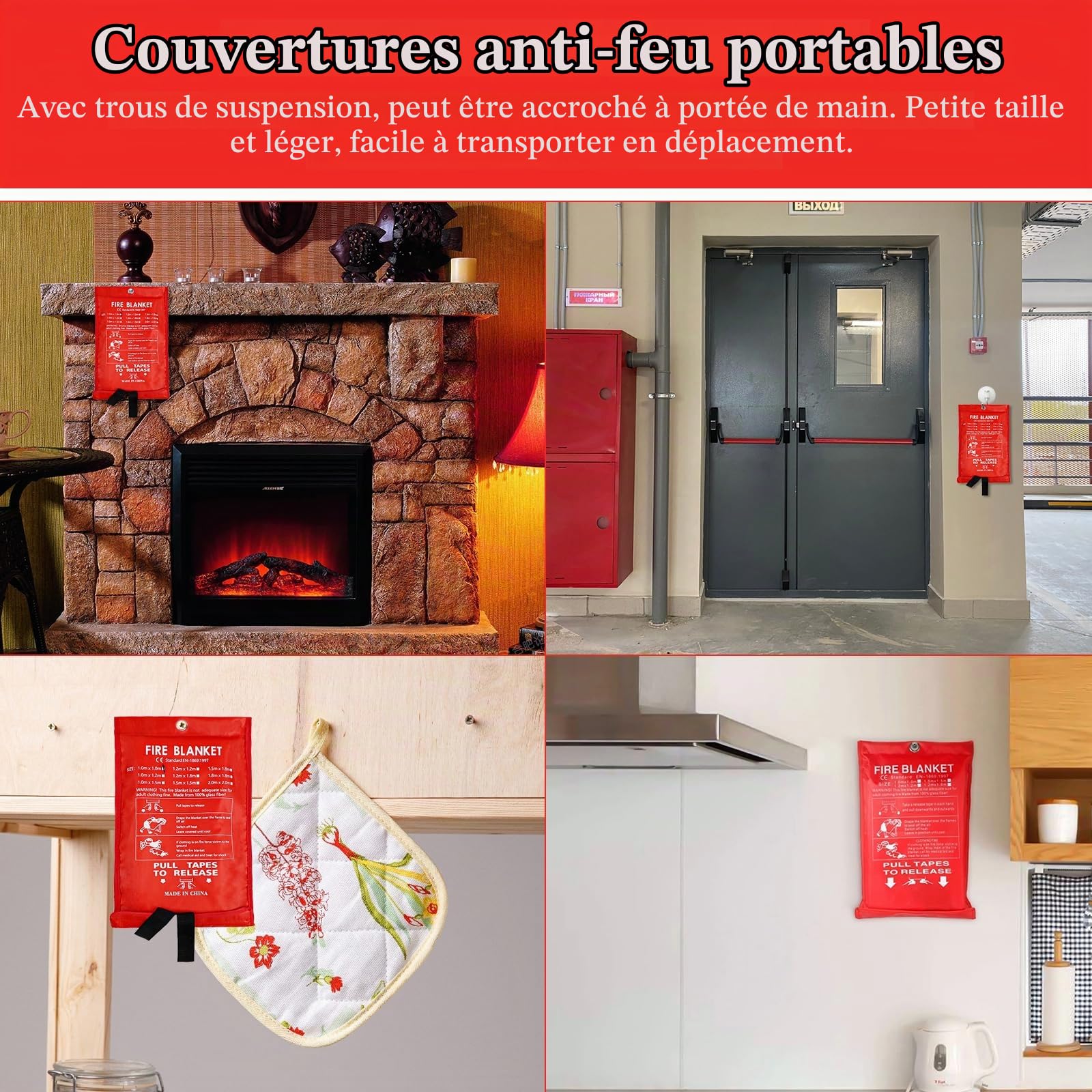 4 Pièces Couvertures Anti-feu Ignifuge pour Maison Cuisine, 1m x 1m Couverture Anti Feu en Fibre de Verre, Couverture Incendie, Couverture de Secours pour Cuisine Cheminée Barbecue