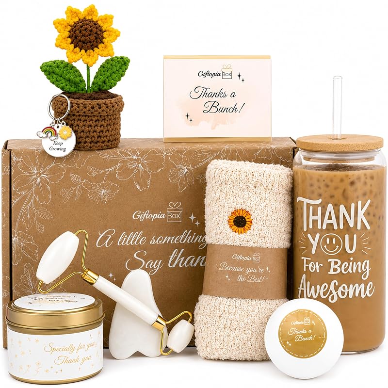 Caixa-presente GIFTOPIA BOX com itens de autocuidado, copo de vidro, meias com girassol, vela e acessórios