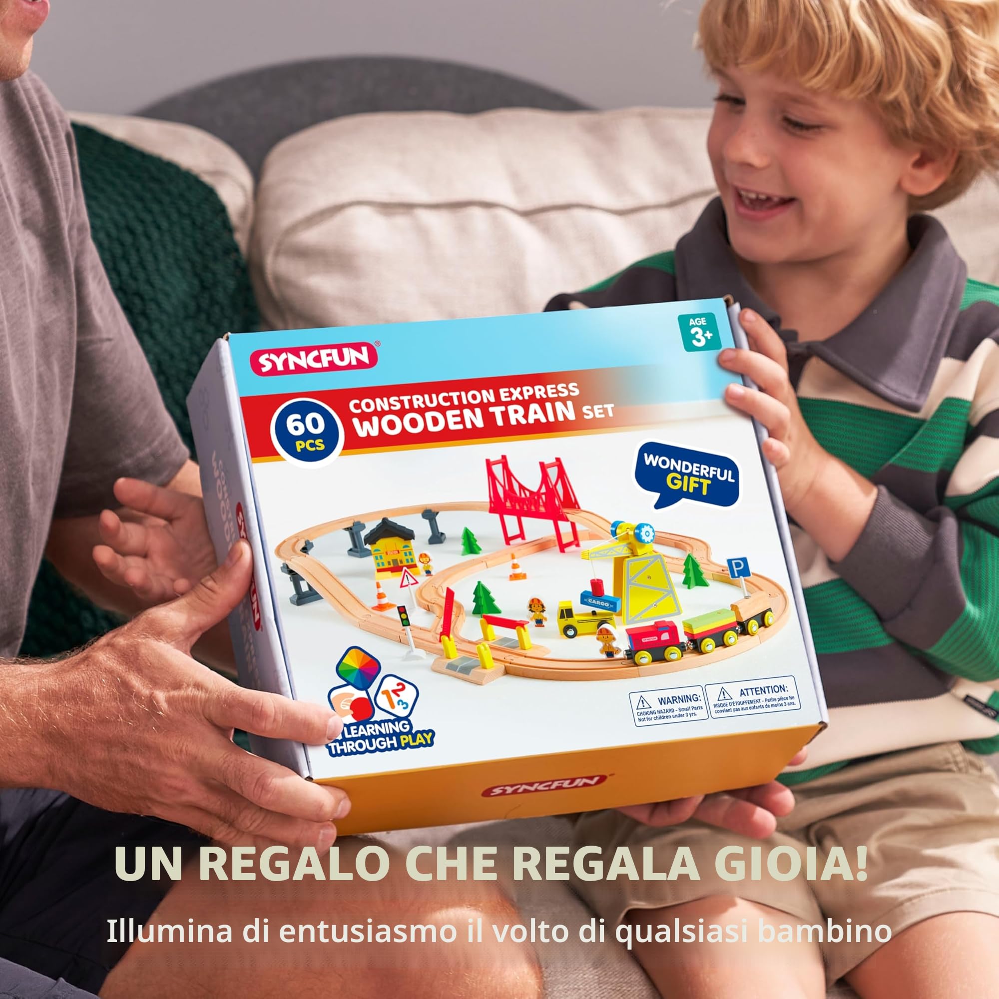 SYNCFUN 60 pezzi Montessori Set di Treni in Legno Giocattolo per Bambini 3 4 5 6, Pista Macchinine, Ferrovia Ingegneristica con Gru Magnetica, Treni e Accessori, Regalo per Bambini e Bambine