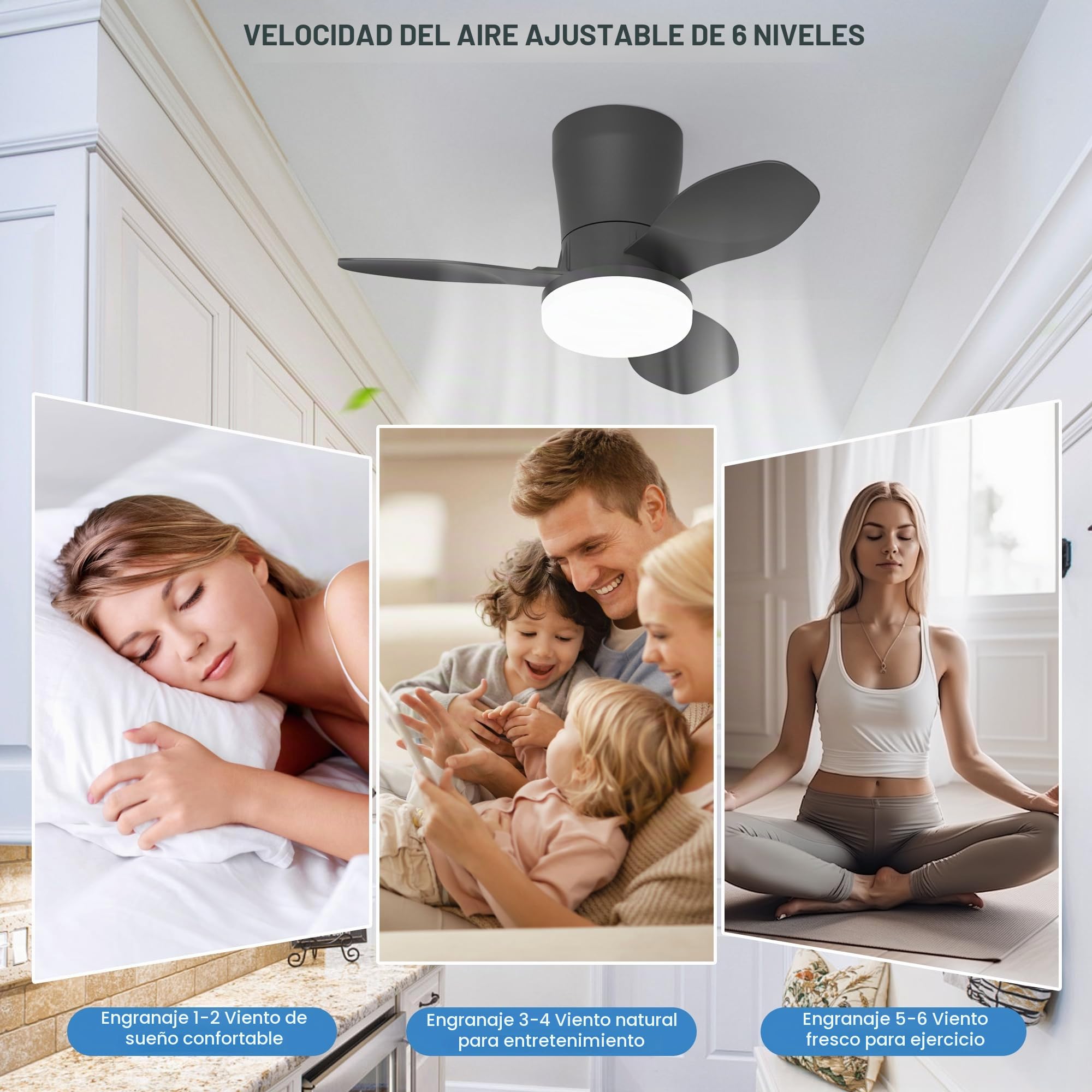 Qcyuui Ventilador de Techo con Luz Silencioso 65cm LED Negro Moteur DC Reversible Mando a Distancia 6 Velocidades Temporizador Brillo Ajustable Control ABS+PC para Salón Dormitorio Comedor