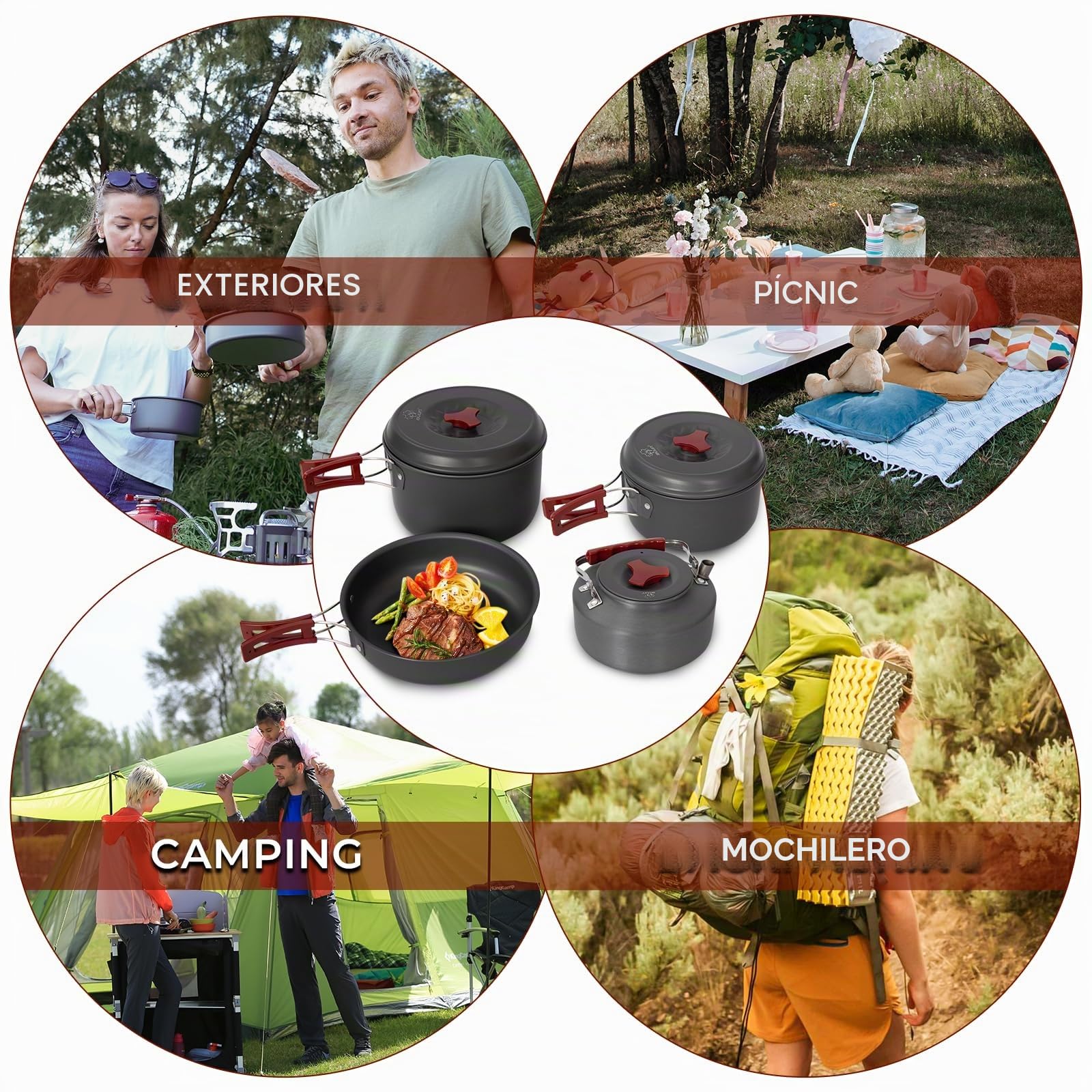 Bulin Set de Cocina Camping, ollas de Aluminio, Set de Cocina Ligero con Cubiertos Plegables y hervidor, Utensilios de Camping para 1–2–4–6 Personas, Ideal para Camping, Exterior y Picnic
