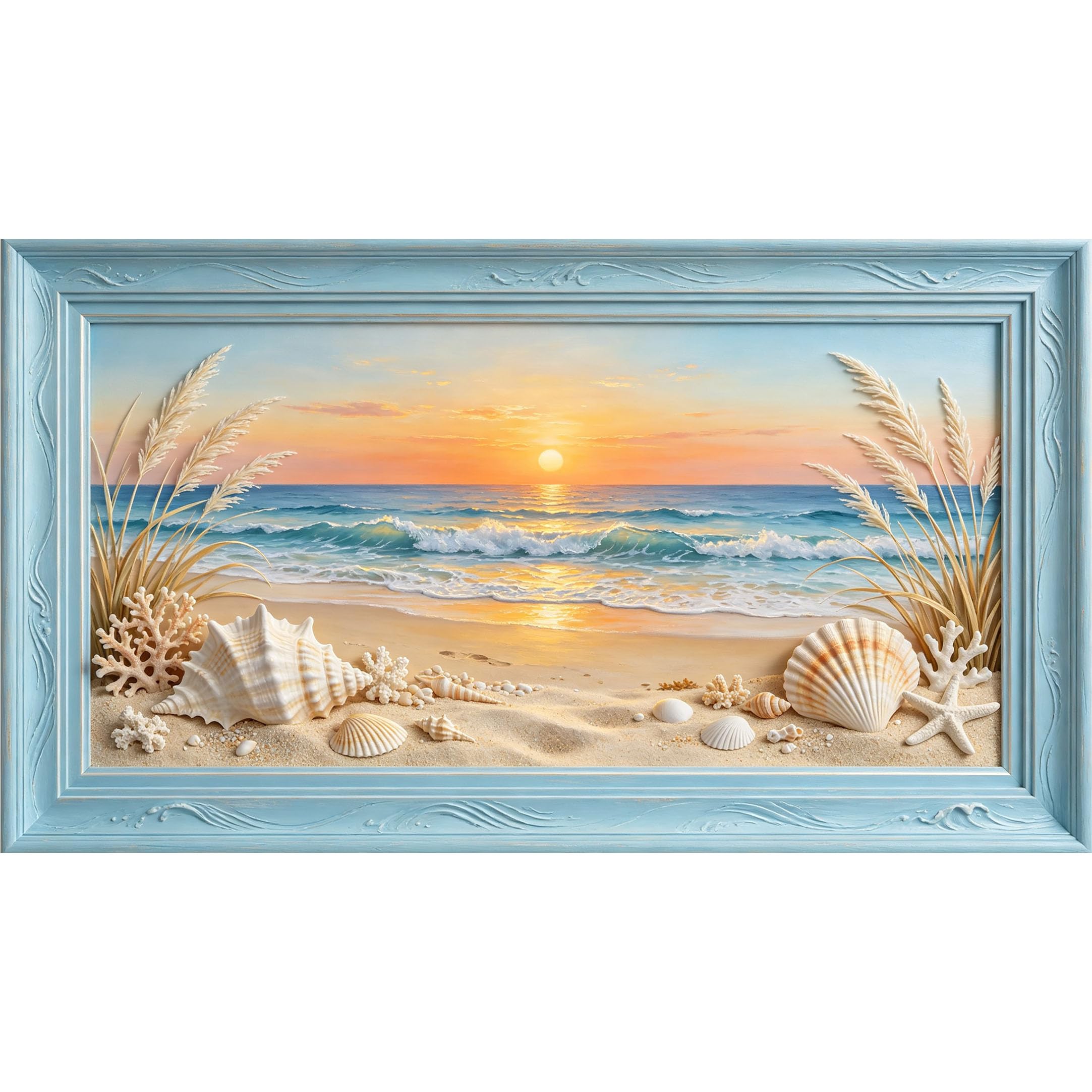 QZLITHOTIC 50x90cm3D Framed Wall Art， Coastal Ocean Sunset Seashell Beach Self‑Adhesive Mural， Water‑Activated Peel & Stick Fabric Decor Wall Decal for Bedroom Living Room