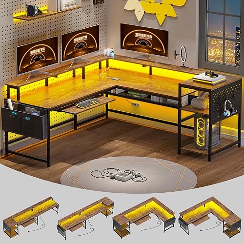 SEDETA L Shaped Computer Desk, Reversible Computer Desks, L Shaped Desk with Power Outlets & LED Strip, Monitor Shelf, Keyboard Tray, Pegboard and Storage Shelves for Home Office, Rustic Brown - Rustic Brown