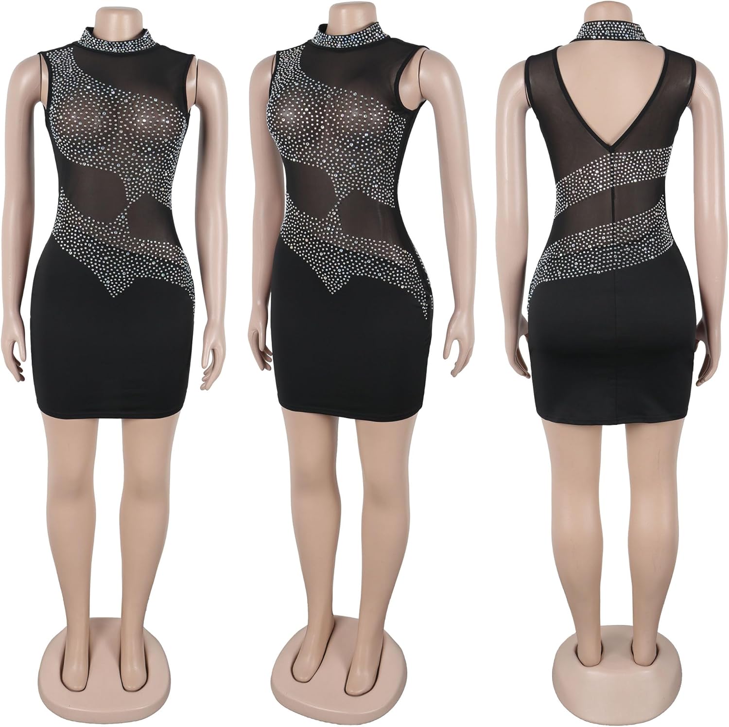 PORRCEY Women's Hot Drilling Craft Sexy Long Sleeve Mesh See Through Party Club Night Rhinestone Dress - Image 5