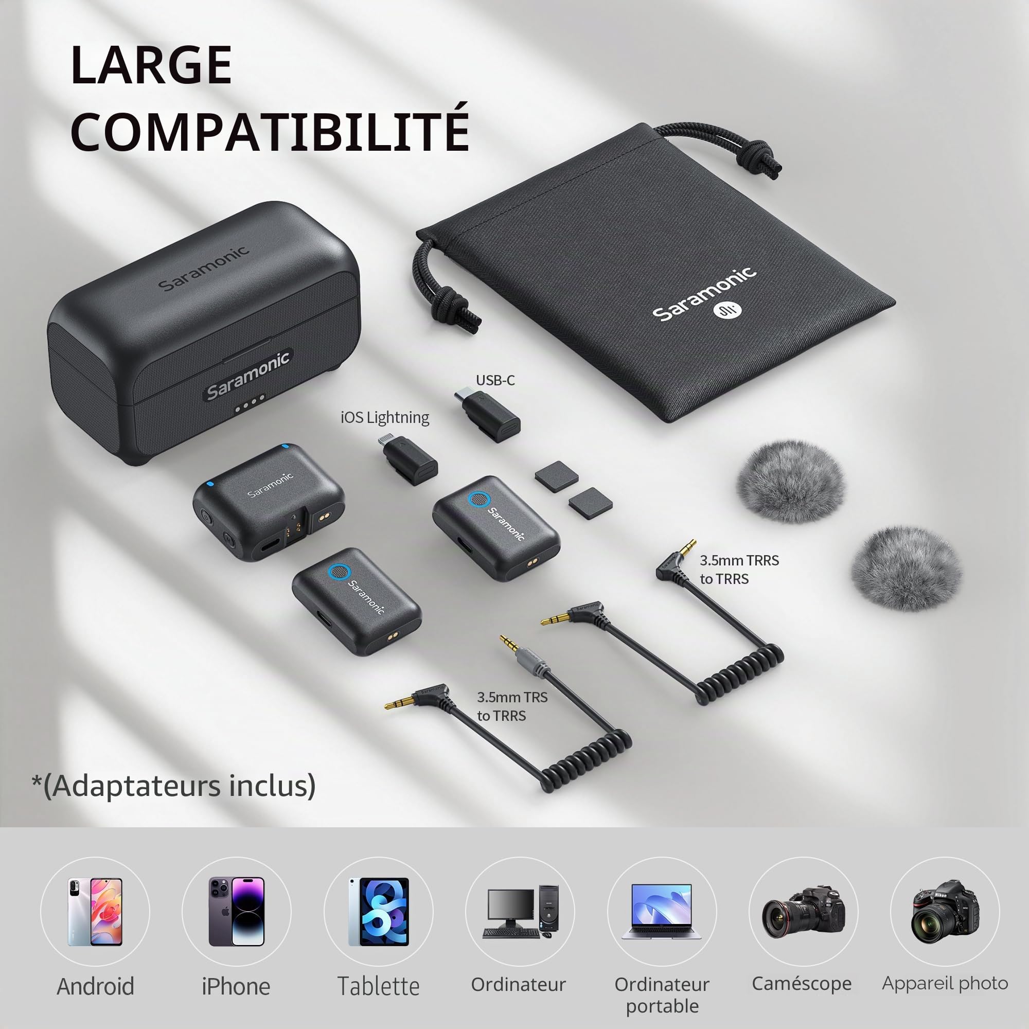 Saramonic Blink500B2+ Micro Cravate sans Fil pour iPhone/Téléphone Android/Caméra, Portée de 300M, Microphone Professionnel à Double avec Prise USB-C/3,5 mm/Lightning pour Enregistrement vidéo, Vlog