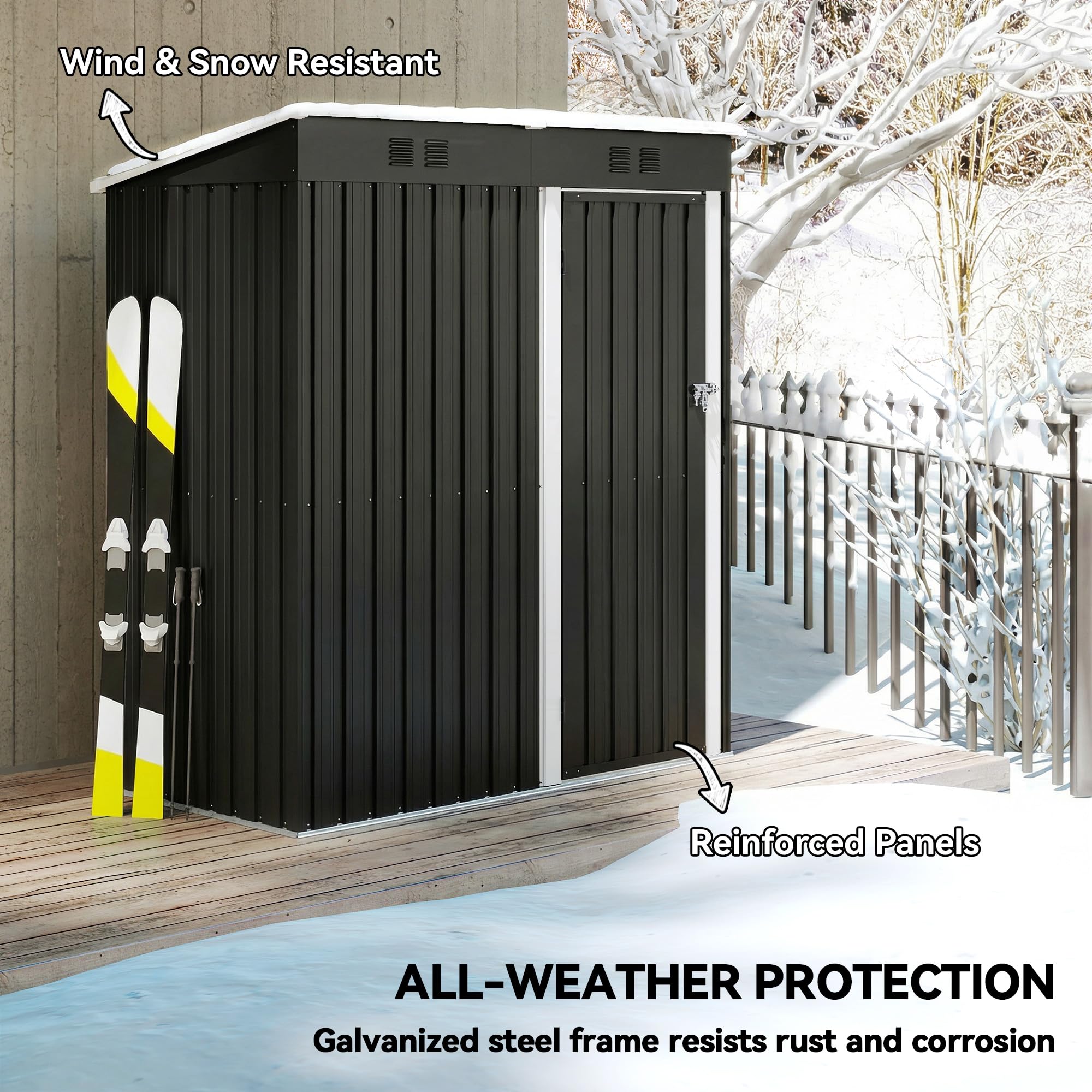 Outsunny 5 x 3 ft Lean-to Garden Shed, Outdoor Storage Shed with Lockable Door and Vents, Metal Tool Storage House for Garden and Patio, Dark Grey — view 4