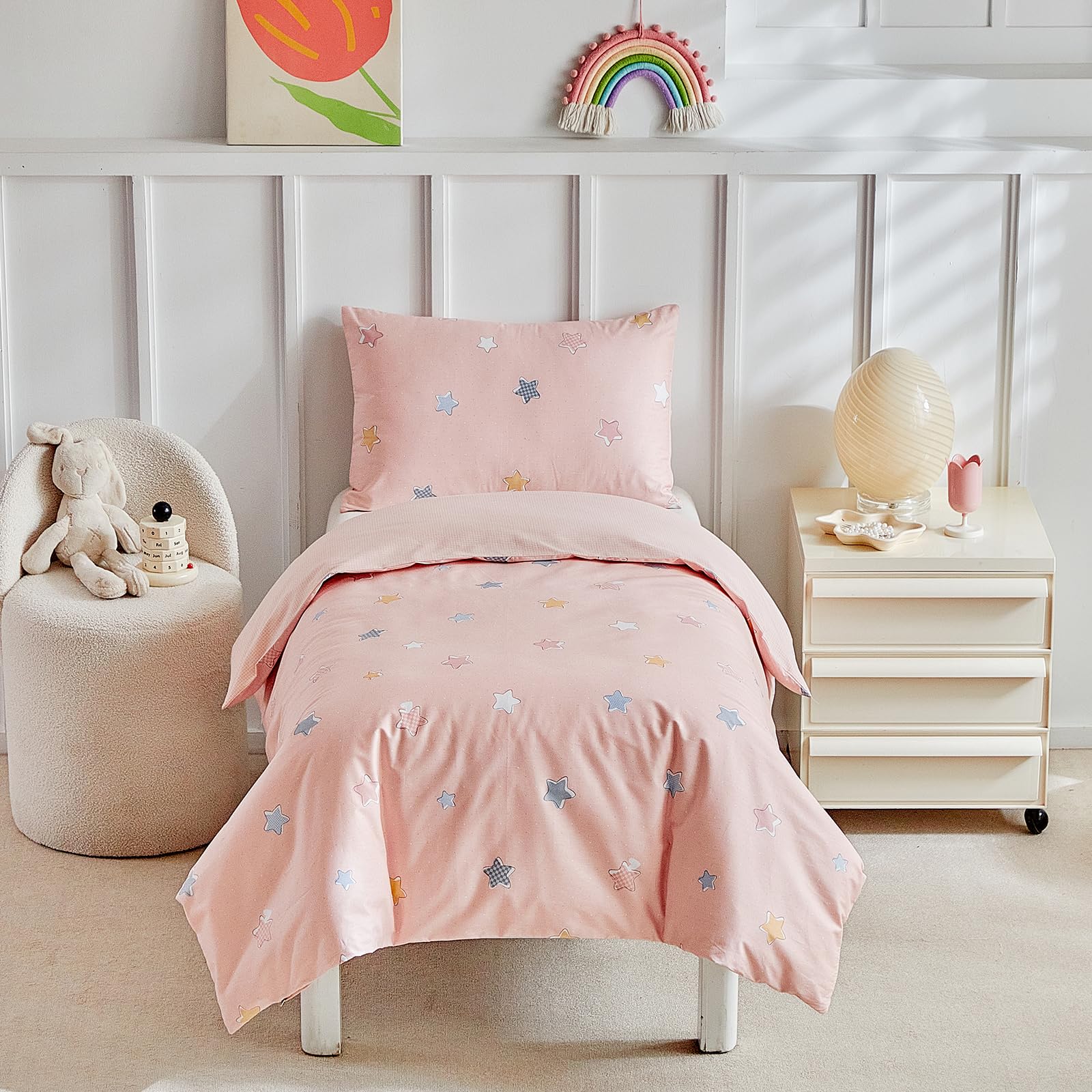 DuShow Cotton Cot Bed Duvet Cover Set,Toddler Bedding Set For Girls - Pink Star Kids Bedding,Cot Duvet Cover & Pillow Case Set - 120x150cm