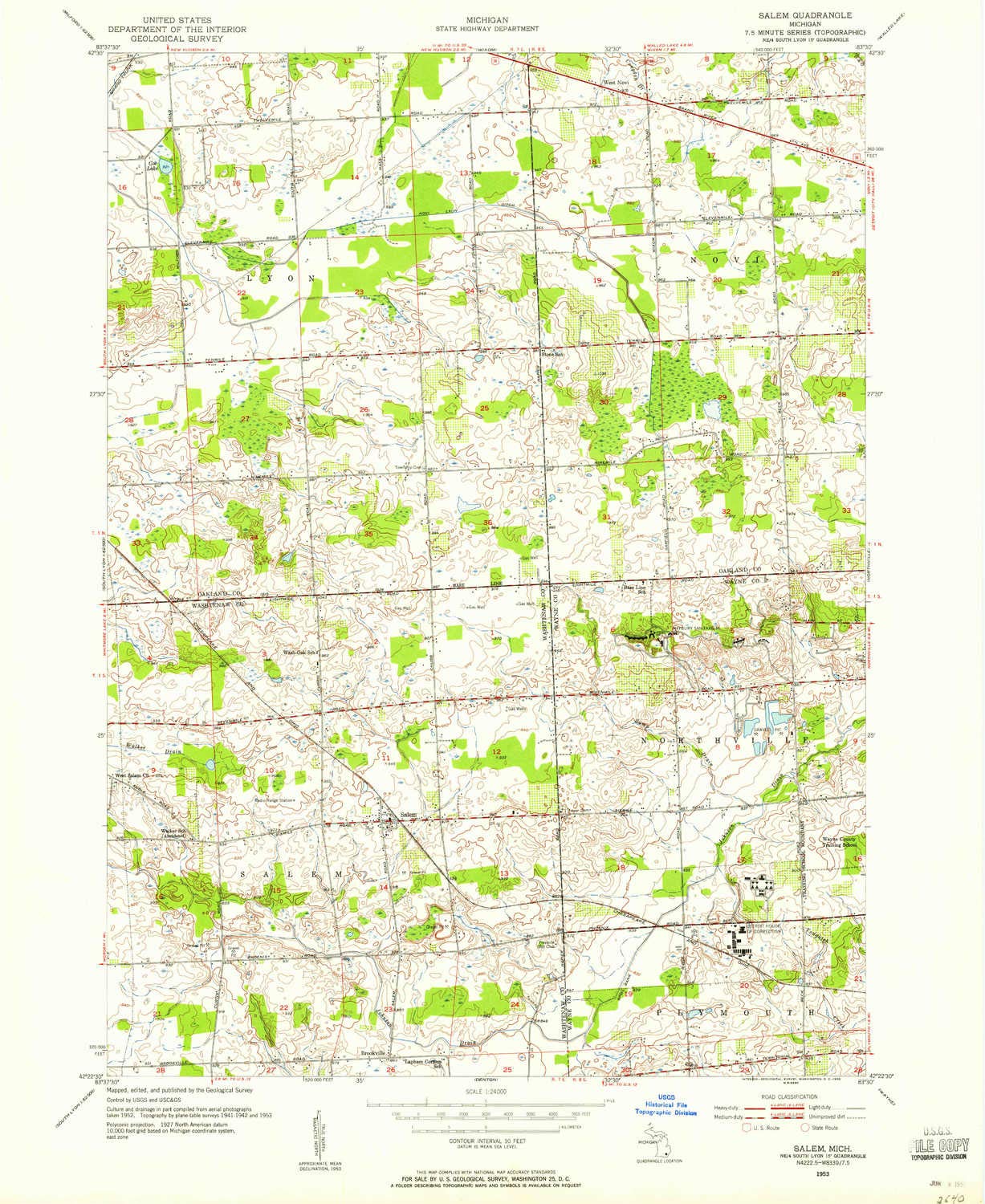 YellowMaps Salem MI topo map, 1:24000 Scale, 7.5 X 7.5 Minute, Historical, 1953, Updated 1955, 26.8 x 21.9 in