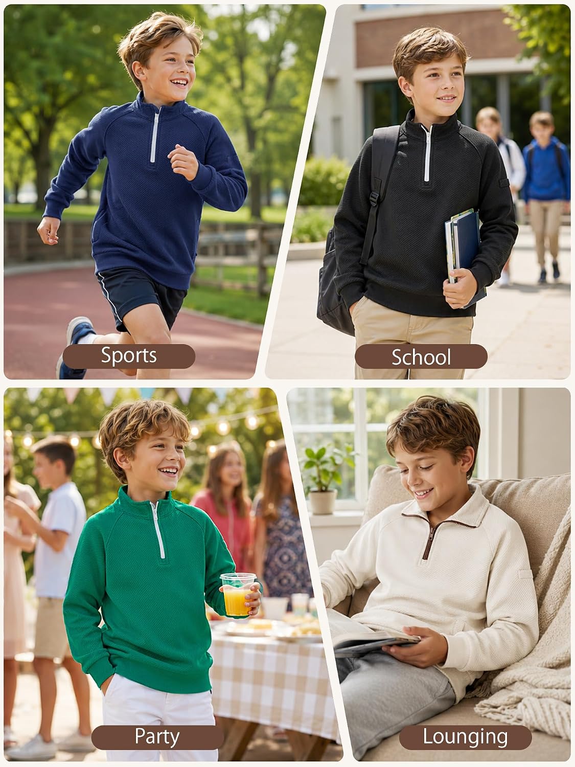 Rolanko Boys Quarter Zip Pullover, Textured Sweatshirt Long Sleeve 7-15Y