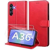 WAURZ Cover per Samsung Galaxy A36 5G Custodia Cover Pelle Libro con 2 Pellicola Vetro Temperato Protezione Schermo Portafoglio Porta Carte Antiurto Cuoio Flip Case Custodia Cover,Rosso