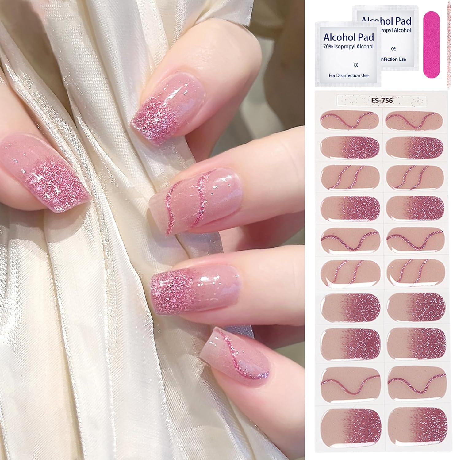 Nagelfolie, UV-hardend, 20 stuks, nagelstickers, uv-gel, nagelfolie, zelfklevend, nagellakstrips, volledige wraps gelnagelstickers, kunststickers, doe-het-zelf voor dames en meisjes (roze met fijne