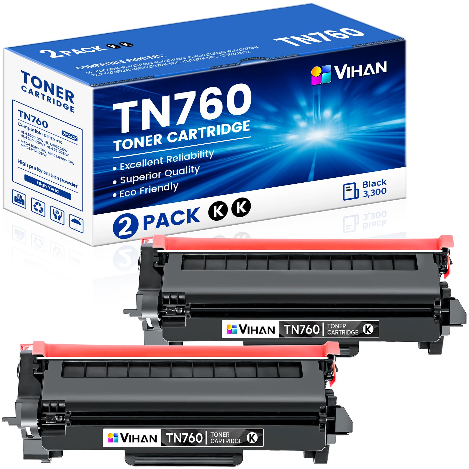 TN760 High Yield Black Toner Cartridge Compatible Replacement for Brother TN-760 TN 760 MFC-L2710DW MFC-L2750DW DCP-L2550DW HL-L2350DW HL-L2370DW Toner Printer (2 Pack)