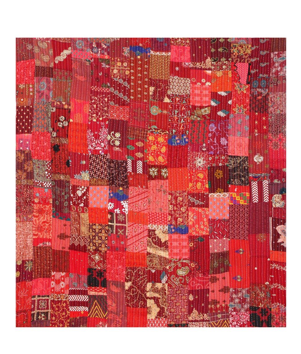 My Craft Palace Orange Indian Hand Stitched Kantha Blanket Queen Size Cotton Quilt Unique Crown Design Bedspread