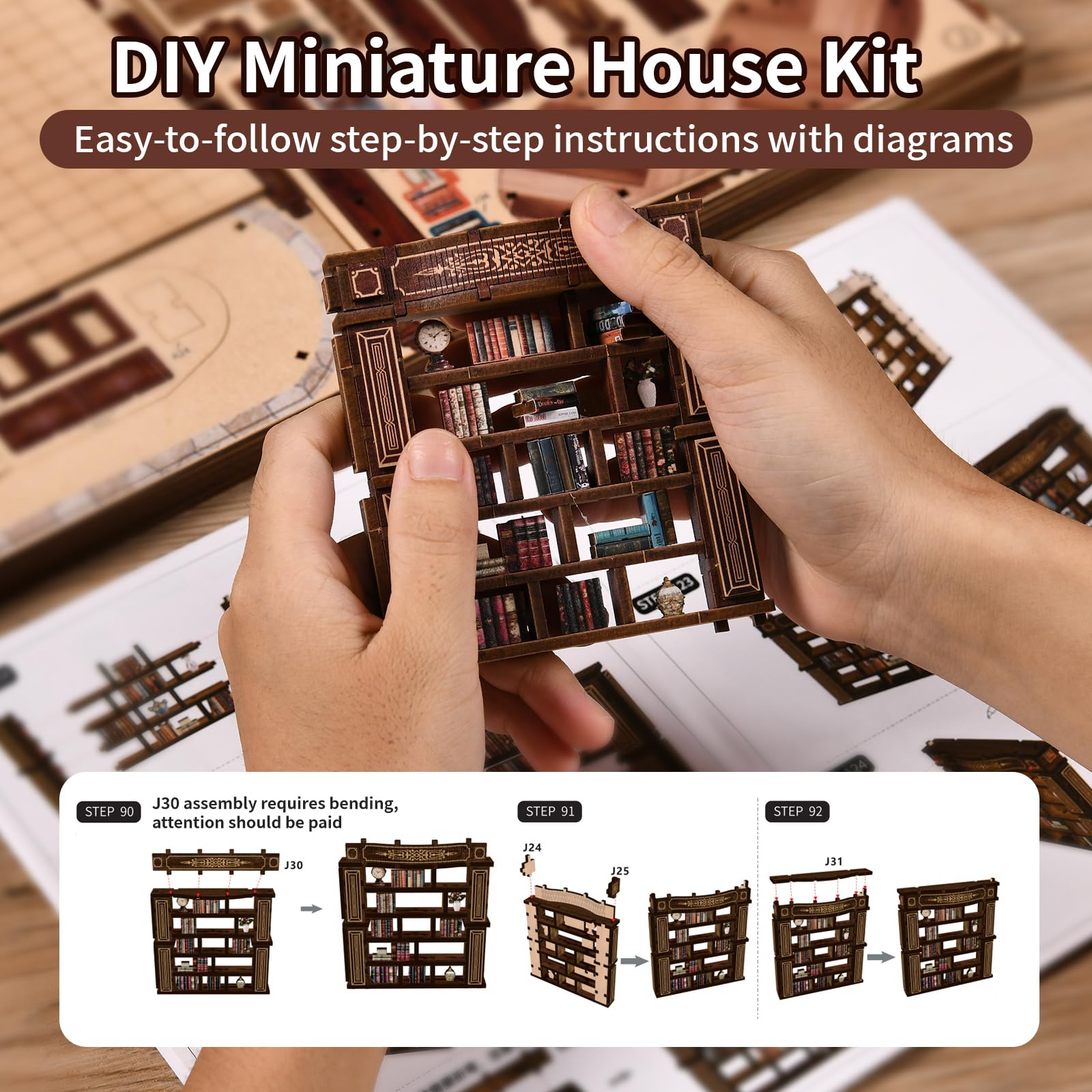 Zestawy do samodzielnego wykonania, kącik na książki, dla dorosłych, drewniane puzzle, BookNook, miniaturowy dom z oświetleniem LED, dekoracja regału, biblioteka, zestaw dioram, modelarstwo, podpórka