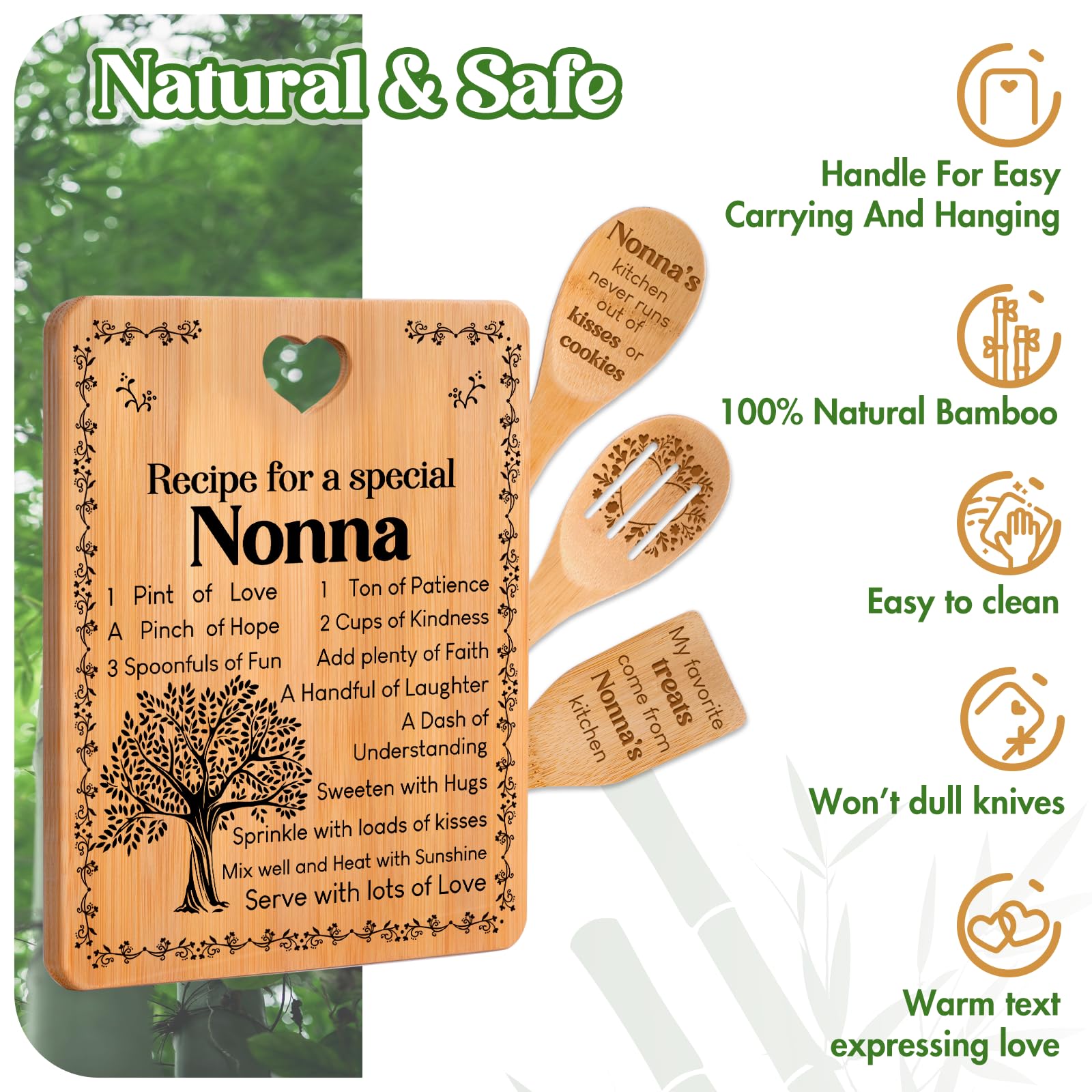 Nonna Gifts - "Recipe for a Special Nonna" Gifts for Nonna Cutting Board Set, Bamboo-Made Engraved Utensil Set Nonna Gifts for Grandma Cutting Board, Mothers Day Gifts for Nonna.