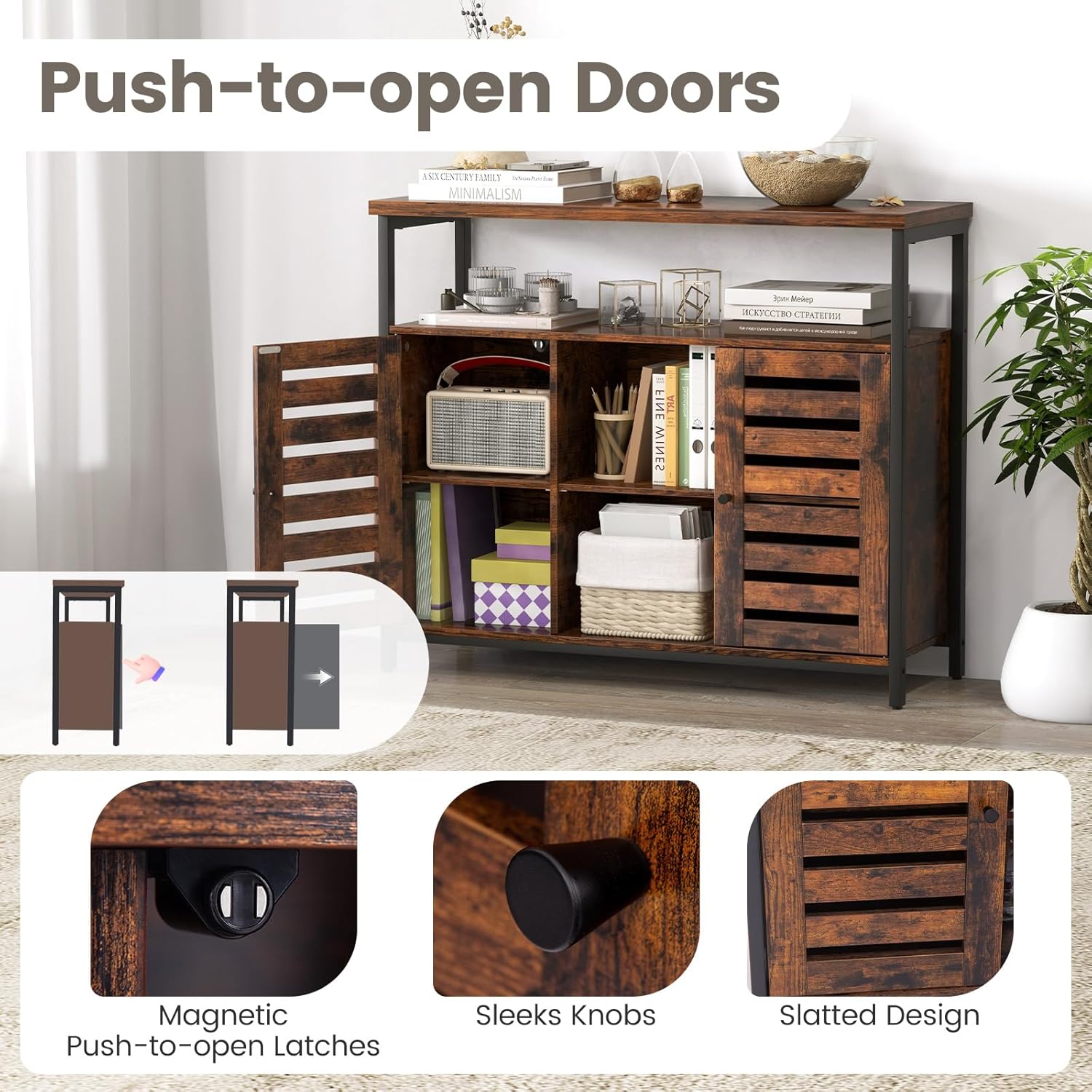 LOKO Industrial Buffet Cabinet, Sideboard Storage Cabinet with Push-to-Open Slatted Door & 3 Adjustable Shelves, Coffee Bar Station with Anti-Tipping Kits, for Kitchen, Living Room, Rustic Brown