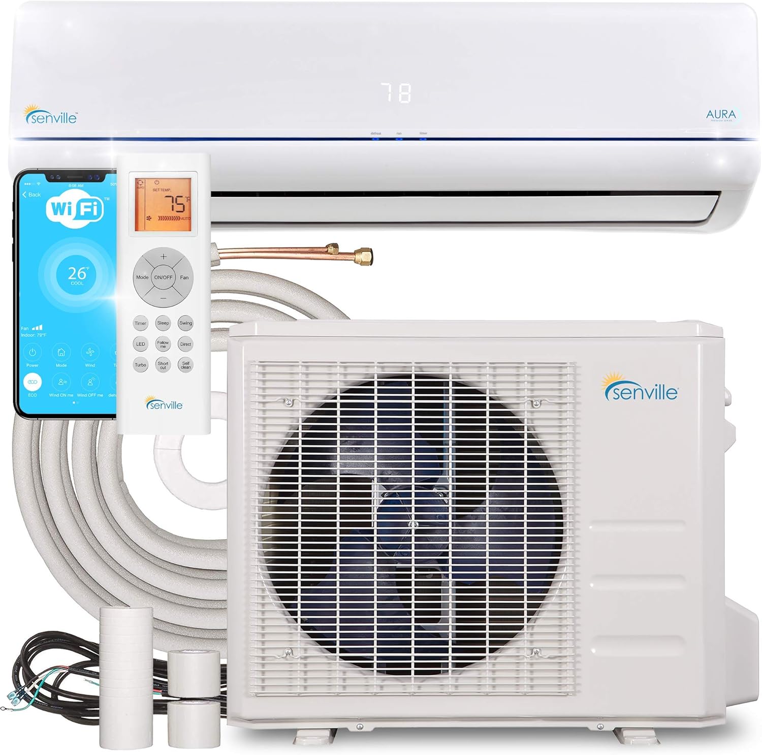 Senville SENA-09HF/Z Mini Split Air Conditioner Energy Star Cold-Climate Heat Pump, 25 SEER, 9000 BTU, Whit