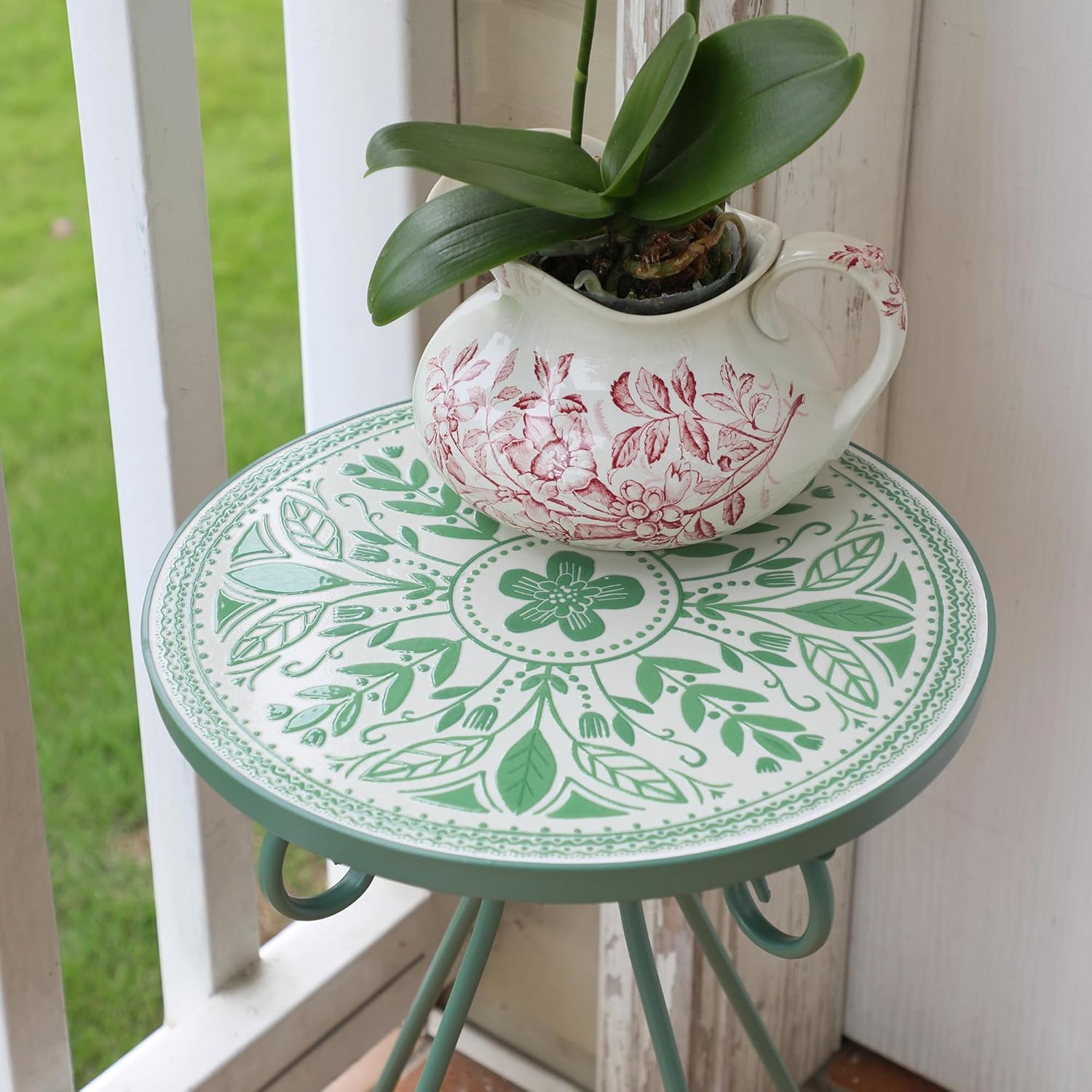 Outdoor Side Table & Mosaic Plant Stand, 14" Ceramic Tile Top Round End Table Accent Table, Indoor Outdoor Coffee Tea Table for Yard Porch Garden Patio Living Room Bedroom