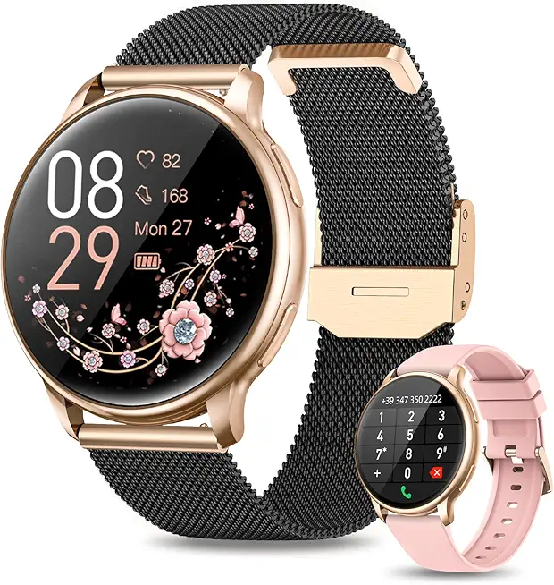 RUXINGX Smartwatch Damen mit Telefonfunktion, 1,32 Zoll HD Voll Touchscreen, IP68 Fitness Tracker mit SpO2 Pulsuhr Menstruationszyklus Schlafmonitor Schrittzähler Kalorien iOS Android Schwarz Gold