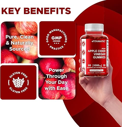Miniatura 5 de Vitamatic Gomitas de vinagre de sidra de manzana, 1000 mg por porción, 60 gomitas veganas, gomitas ACV para desintoxicación, apoyo para la pérdida