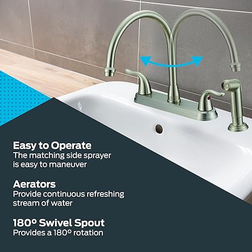 Miniatura 10 de EZ-FLO 10201 - Grifo de cocina con 2 manijas y pulverizador lateral extraíble, cromado, instalación de 4 agujeros