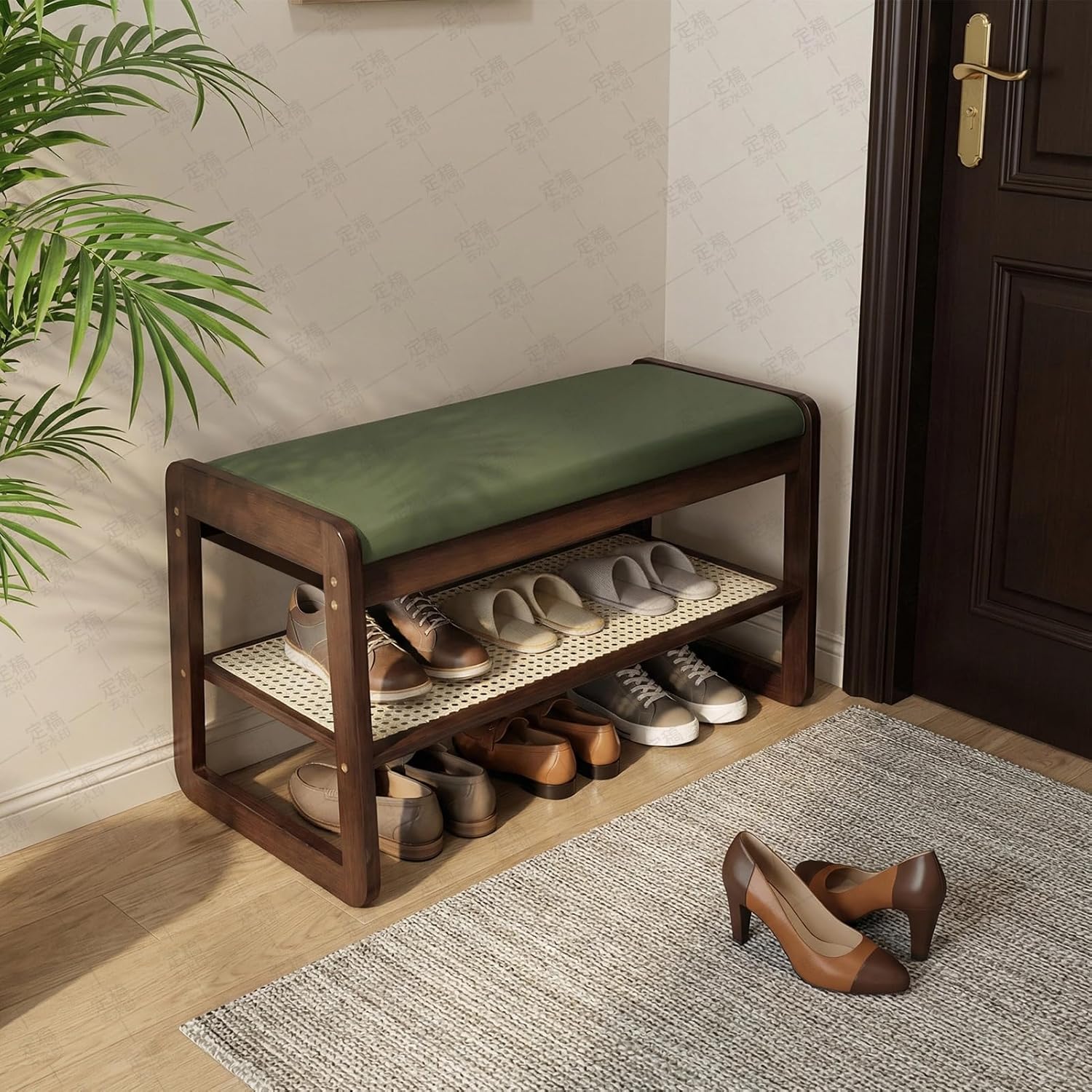 Shoe Bench Bamboo 2 Tier 27.6'' Entryway Bench with Cushion and Flip-Open Storage Box Shoe Rack Organizer for Entryway, Hallway, Closet, Front Door Entrance, Foyer (Green)