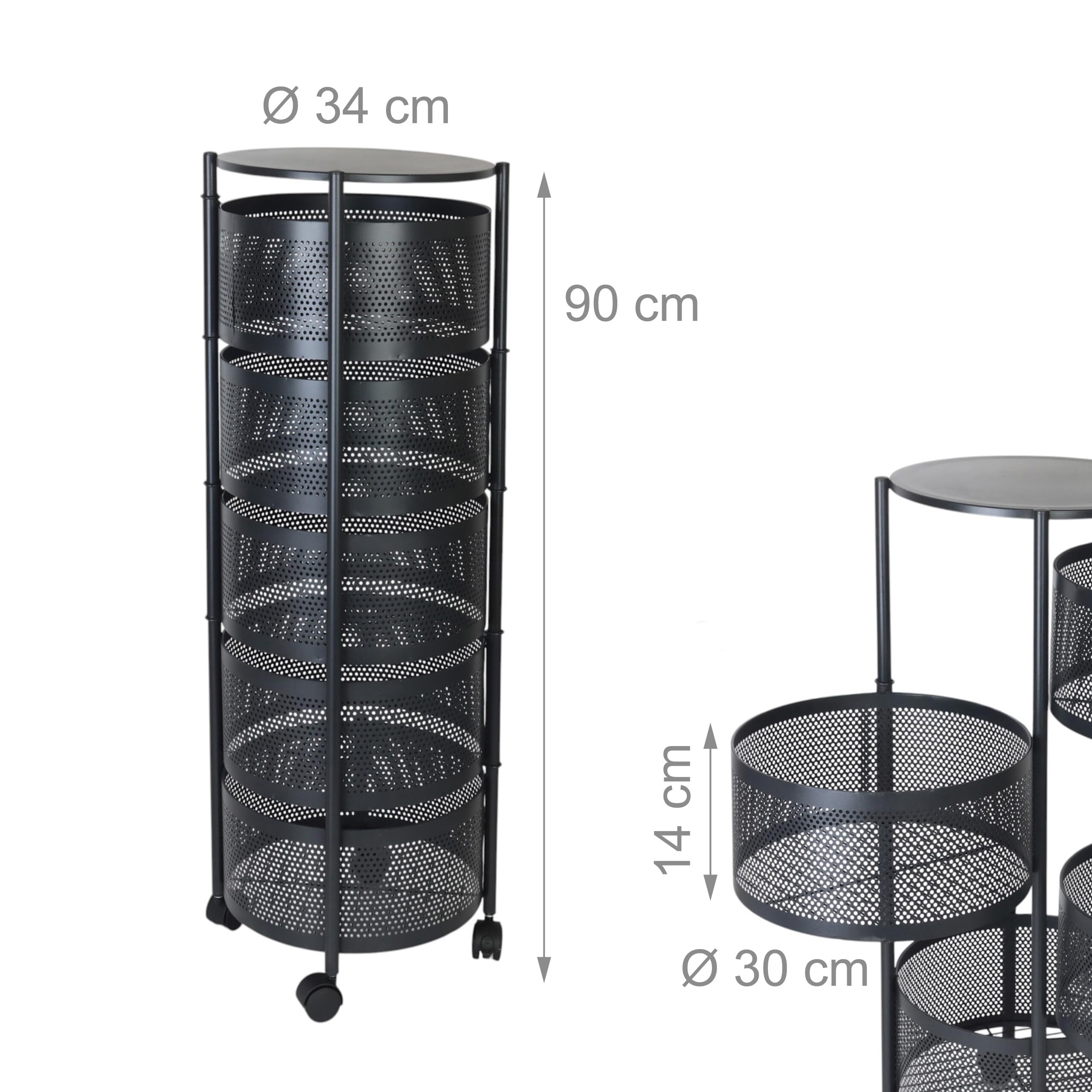 Chariot de Cuisine Relaxdays, 5 Compartiments, H x P : 90 x 34 cm, métal, 2 Freins, Chariot Noir